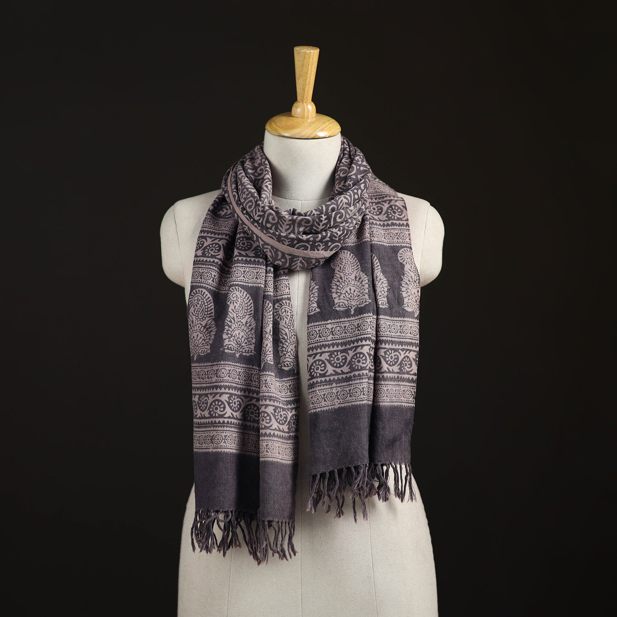 Handwoven Merino Wool Natural Dyed Bagh Hand Block Print Stole 14