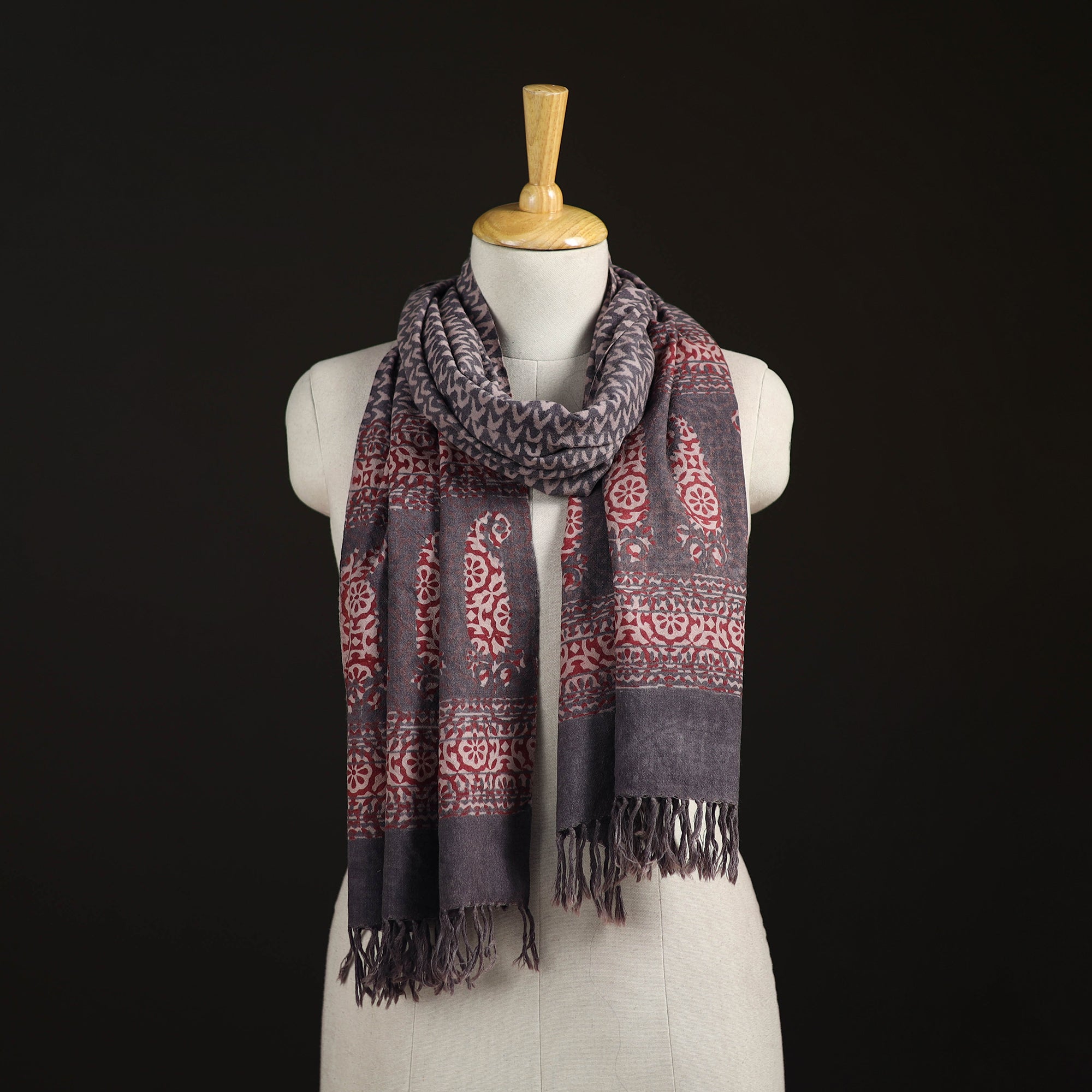 Handwoven Merino Wool Natural Dyed Bagh Hand Block Print Stole 15