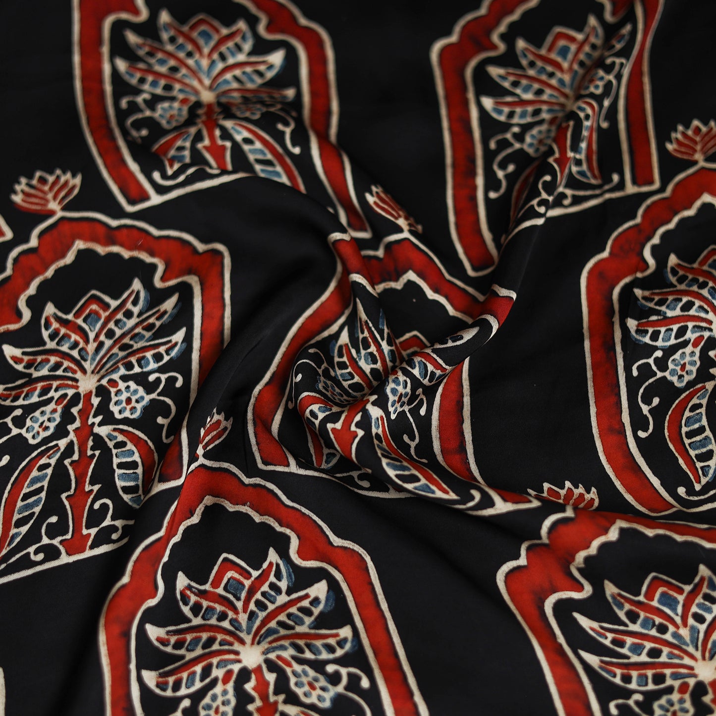 Black - Ajrakh Hand Block Print Natural Dyed Modal Silk Scarf 27