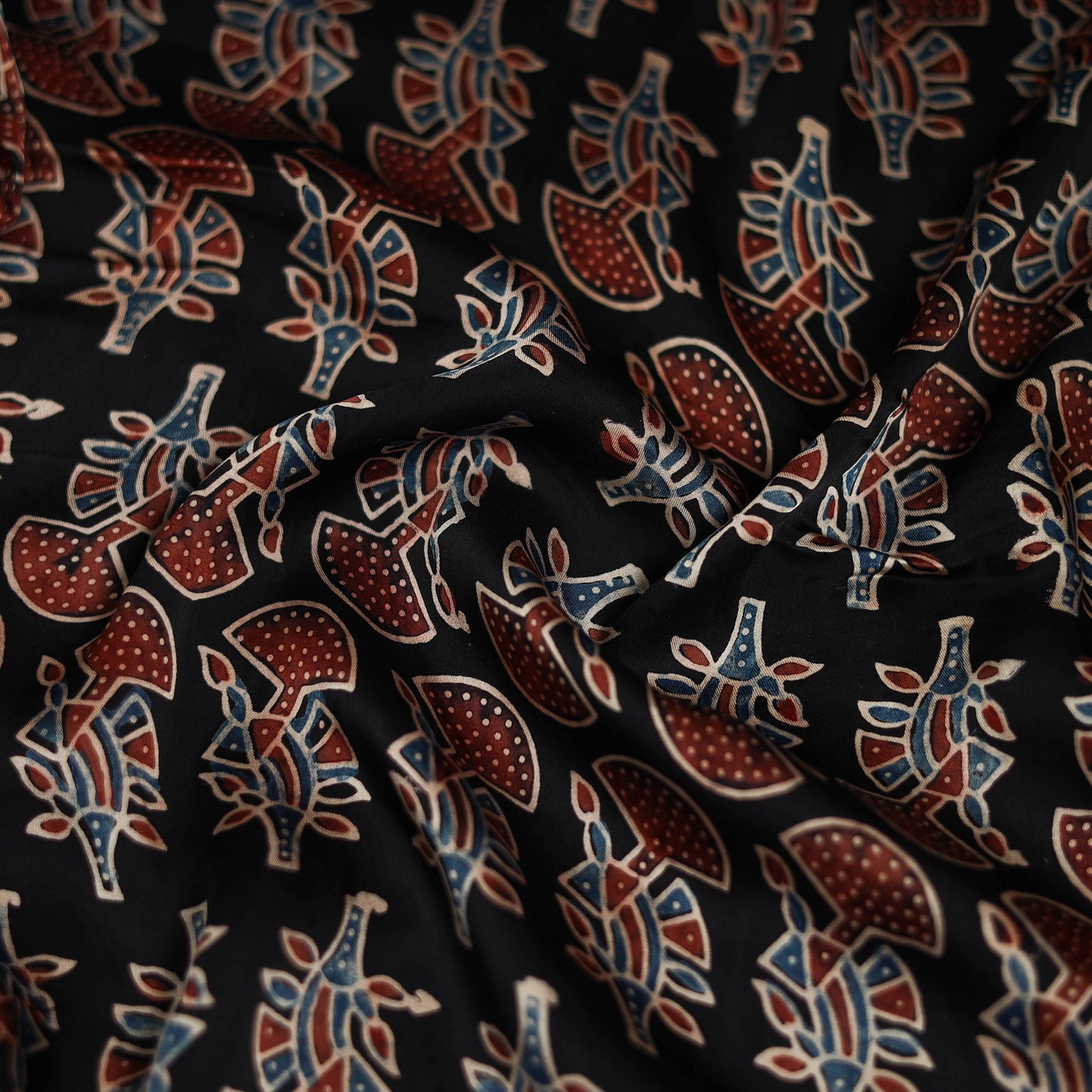 Black - Ajrakh Hand Block Print Natural Dyed Modal Silk Scarf 23