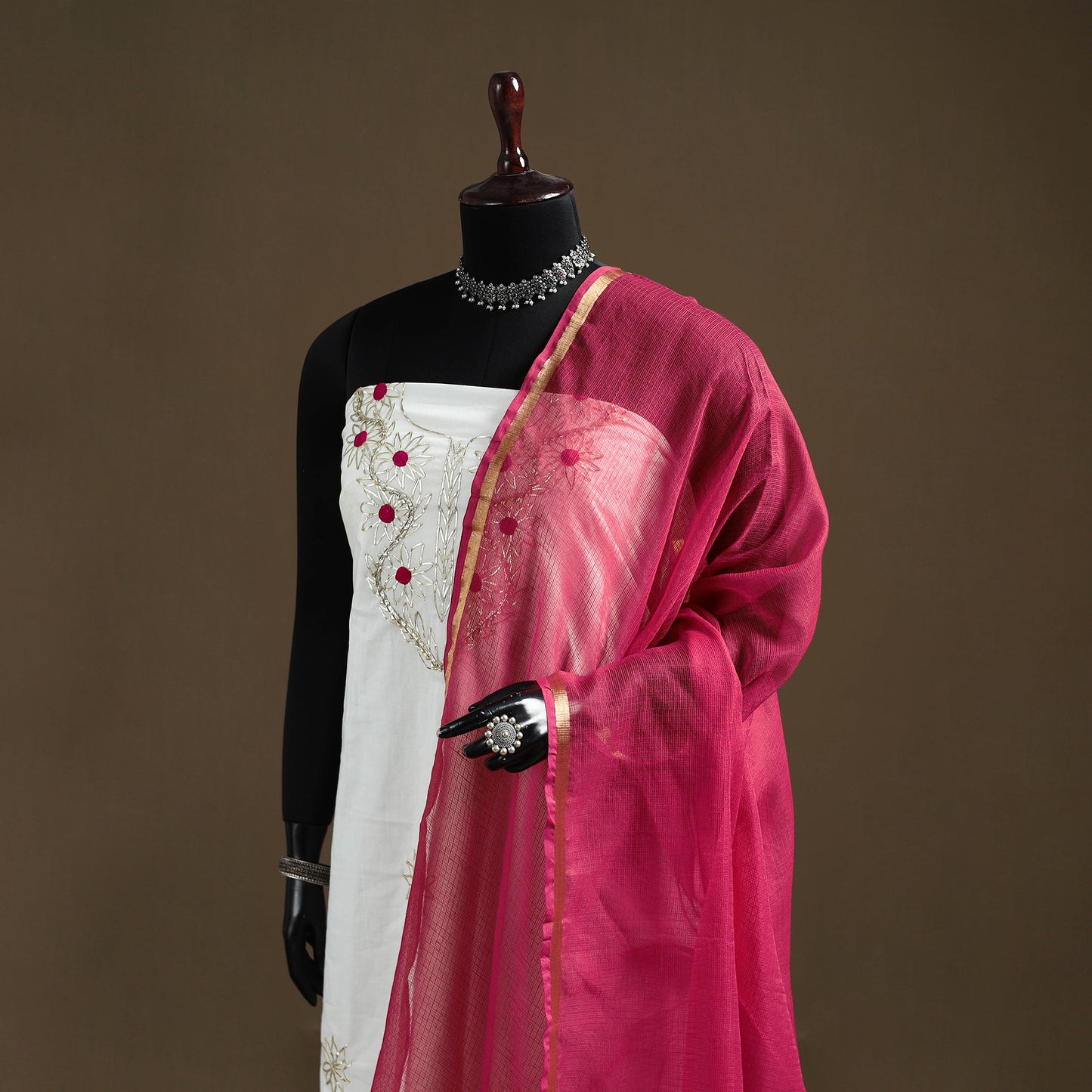 Pink - Plain Cotton Kota Doria Dupatta 38