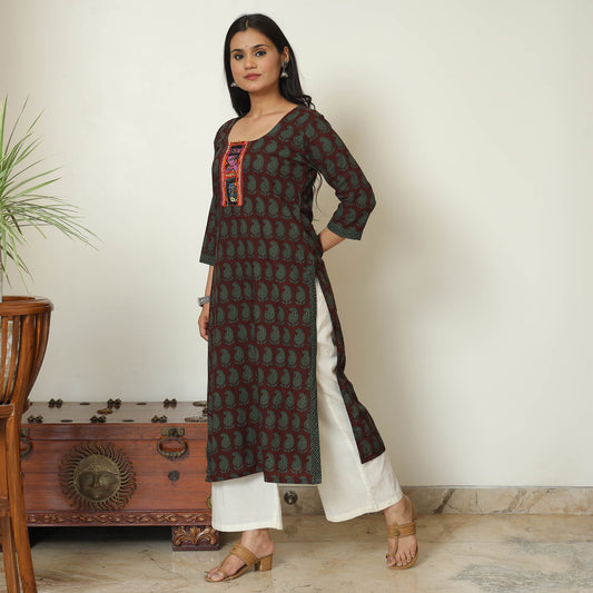 Green - Bagh Hand Block Printed Cotton Straight Kurta with Kutch Embroidery Patchwork 12