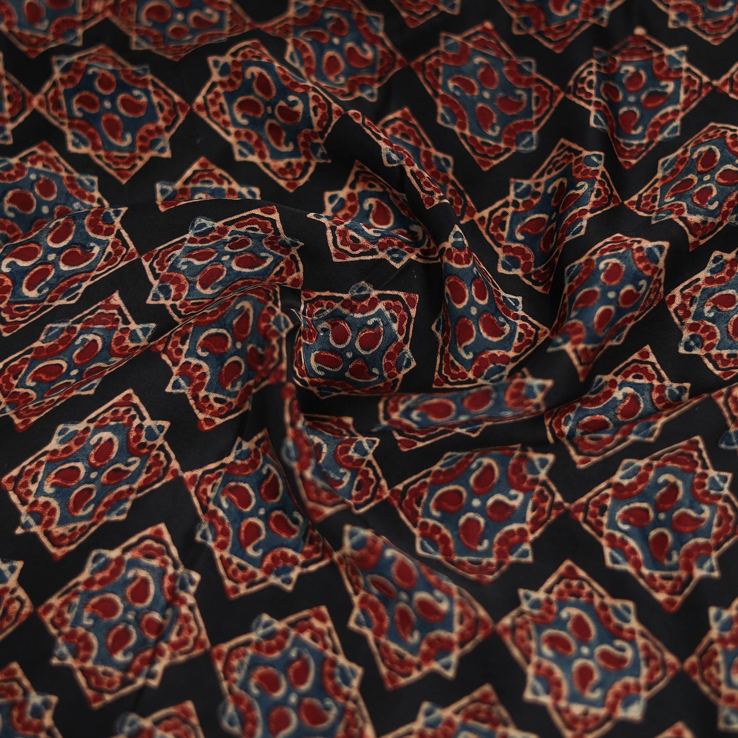 Black - Ajrakh Hand Block Print Natural Dyed Modal Silk Scarf 02
