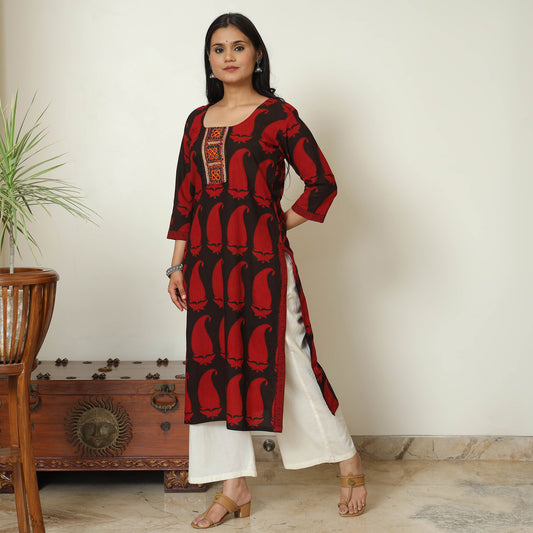 Multicolor - Bagh Hand Block Printed Cotton Straight Kurta with Kutch Embroidery Patchwork 13