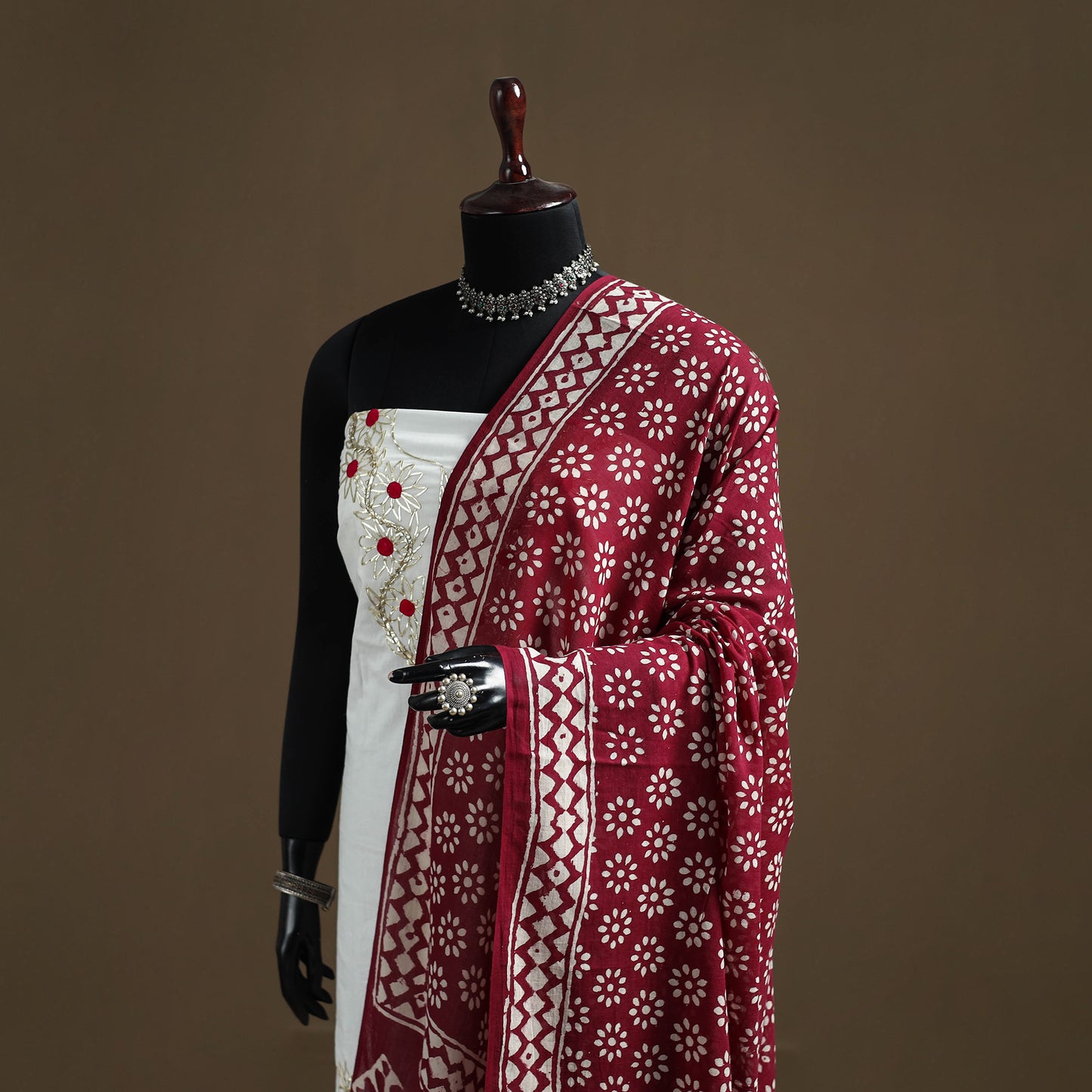 Maroon - Hand Block Batik Print Pure Mul Cotton Dupatta 50