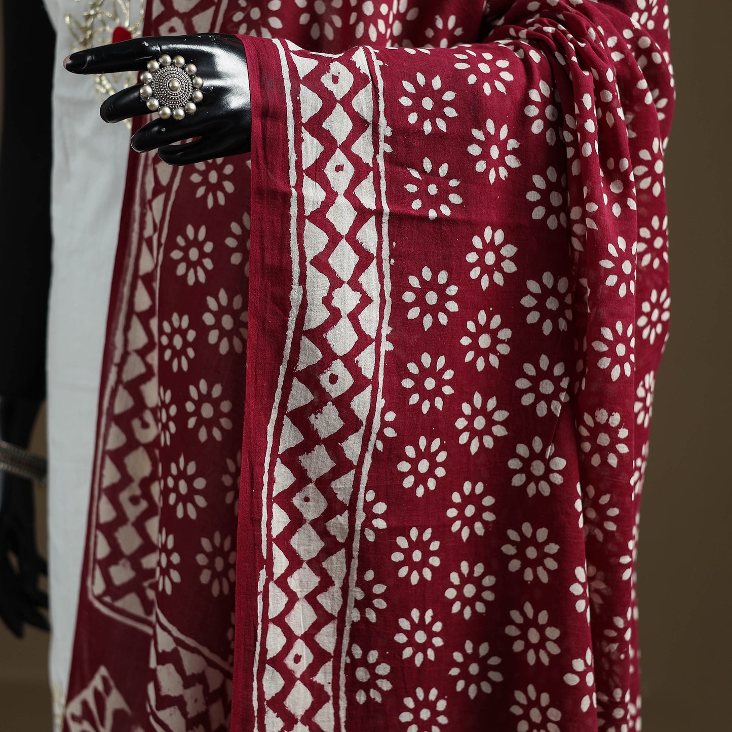 Maroon - Hand Block Batik Print Pure Mul Cotton Dupatta 50