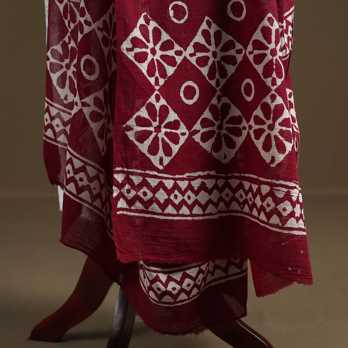 Maroon - Hand Block Batik Print Pure Mul Cotton Dupatta 50