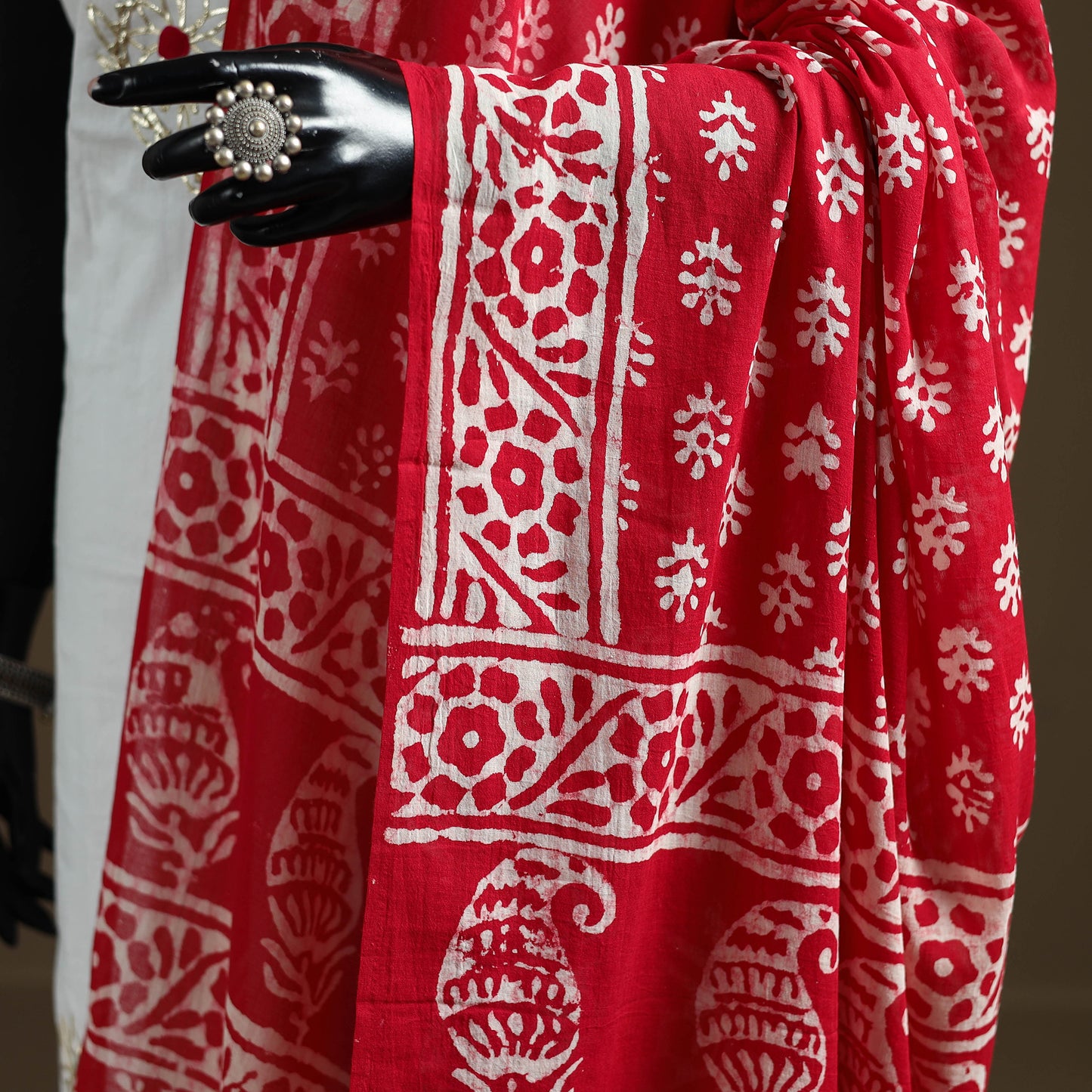 Red - Hand Block Batik Print Pure Mul Cotton Dupatta 51