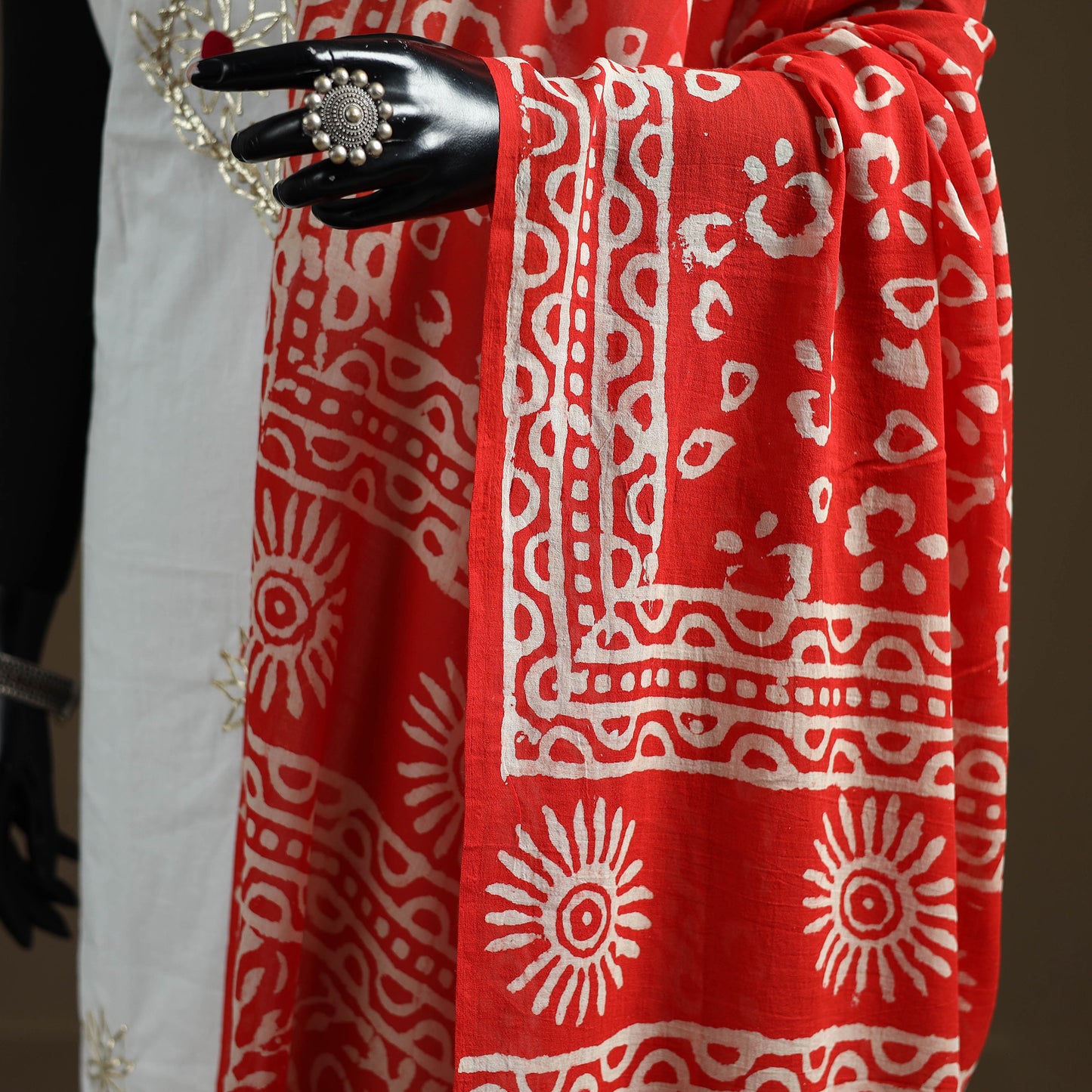 Red - Hand Block Batik Print Pure Mul Cotton Dupatta 53