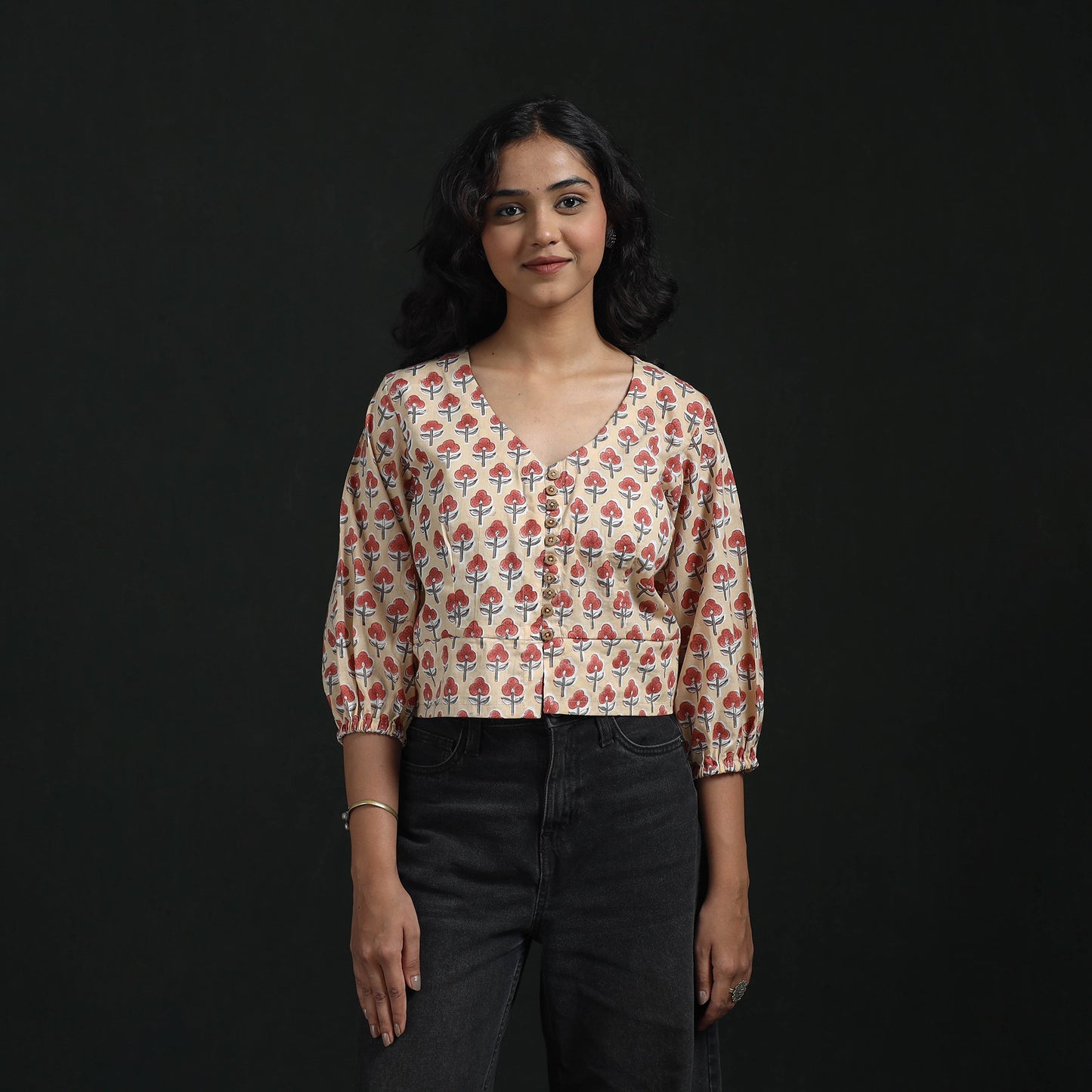 Hand Block Sanganeri Print Cotton Floral Crop Top 07
