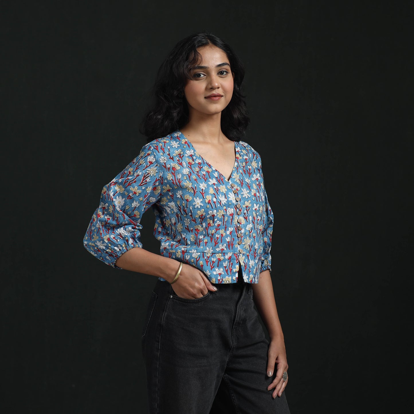 Hand Block Sanganeri Print Cotton Floral Crop Top 06