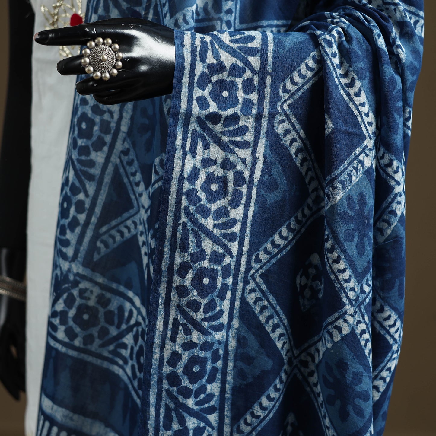Blue - Indigo Bagru Hand Block Print Natural Dyed Pure Mul Cotton Dupatta 63