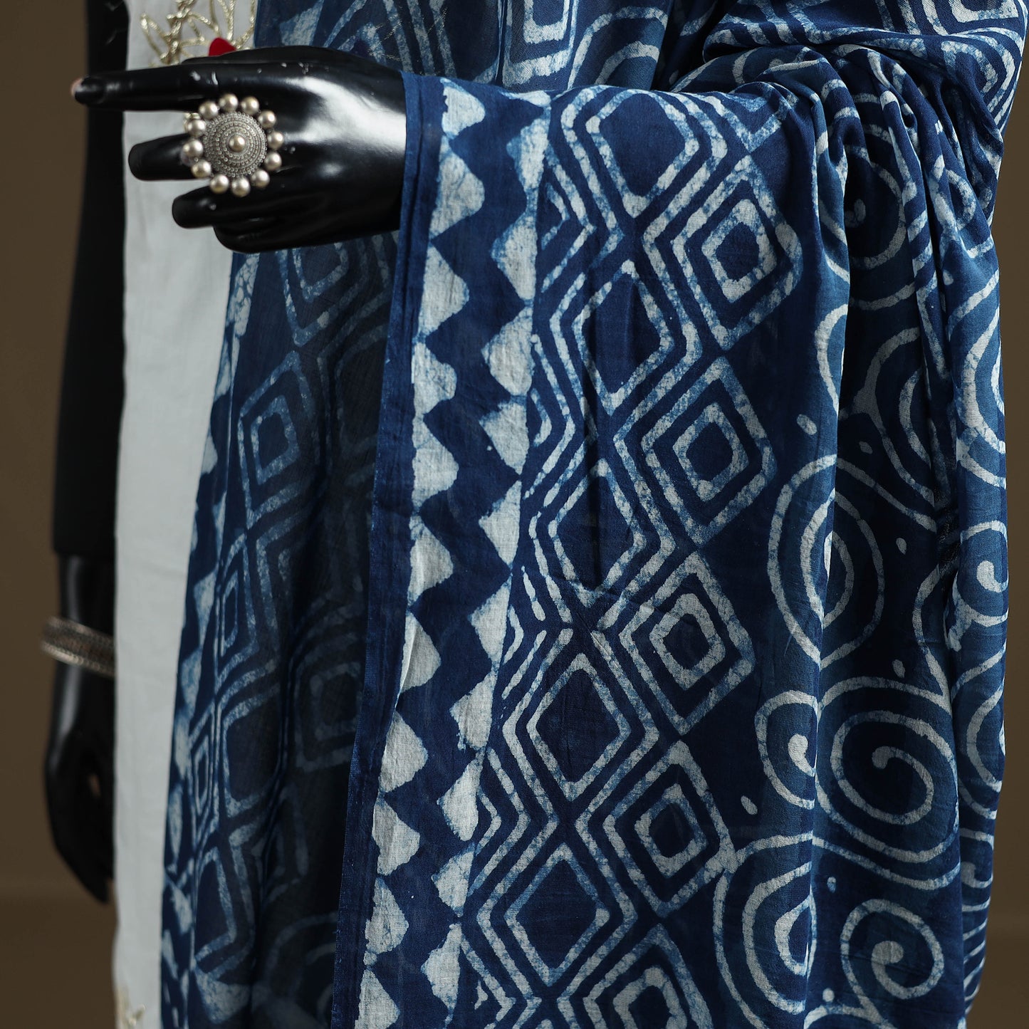 Blue - Indigo Bagru Hand Block Print Natural Dyed Pure Mul Cotton Dupatta 66