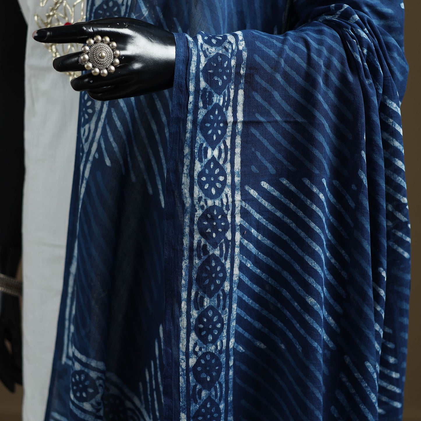Blue - Indigo Bagru Hand Block Print Natural Dyed Pure Mul Cotton Dupatta 68