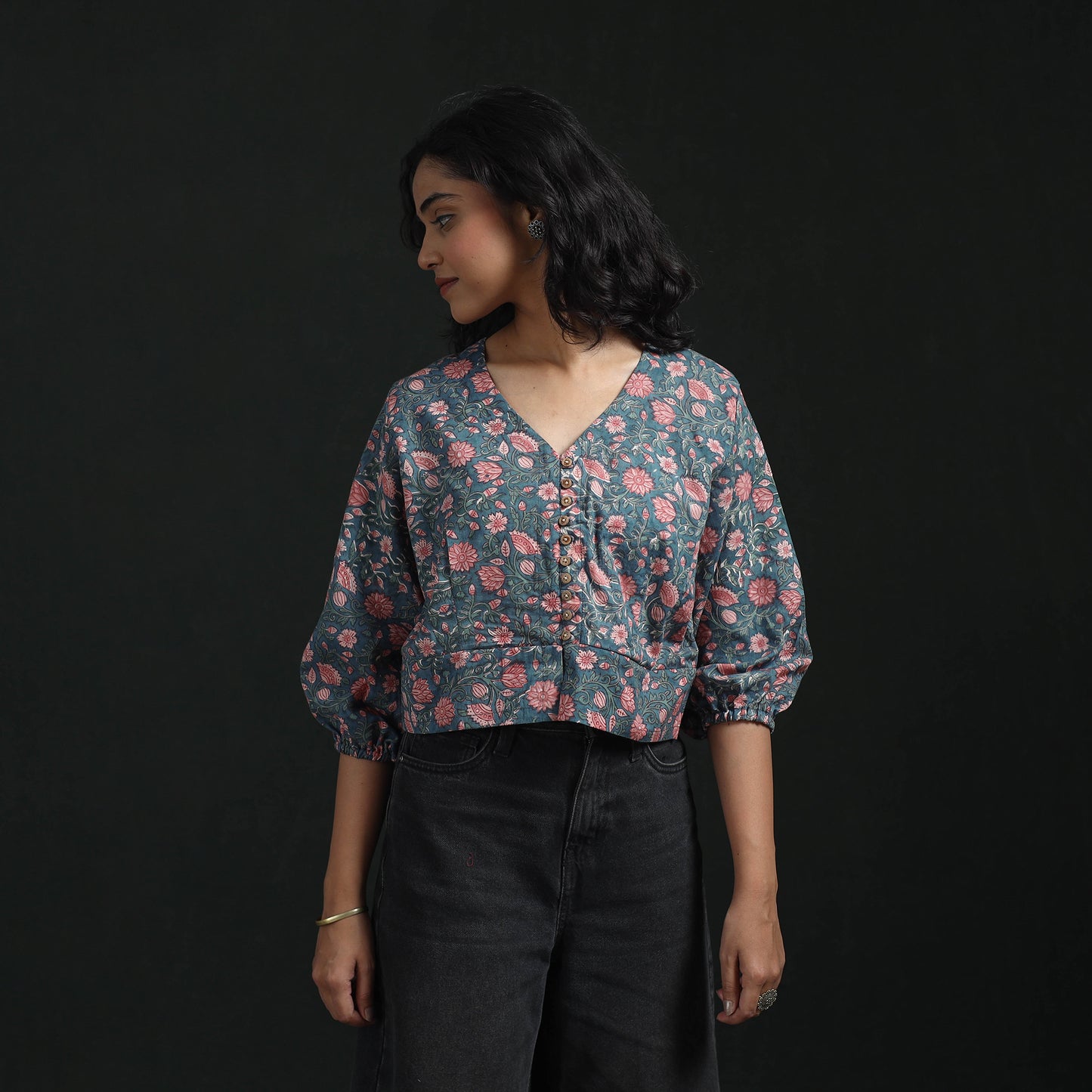 Hand Block Sanganeri Print Cotton Floral Crop Top 08