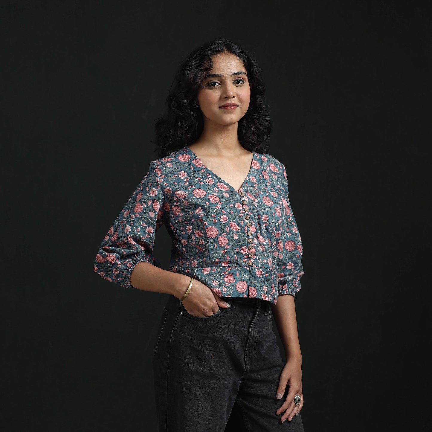 Hand Block Sanganeri Print Cotton Floral Crop Top 08