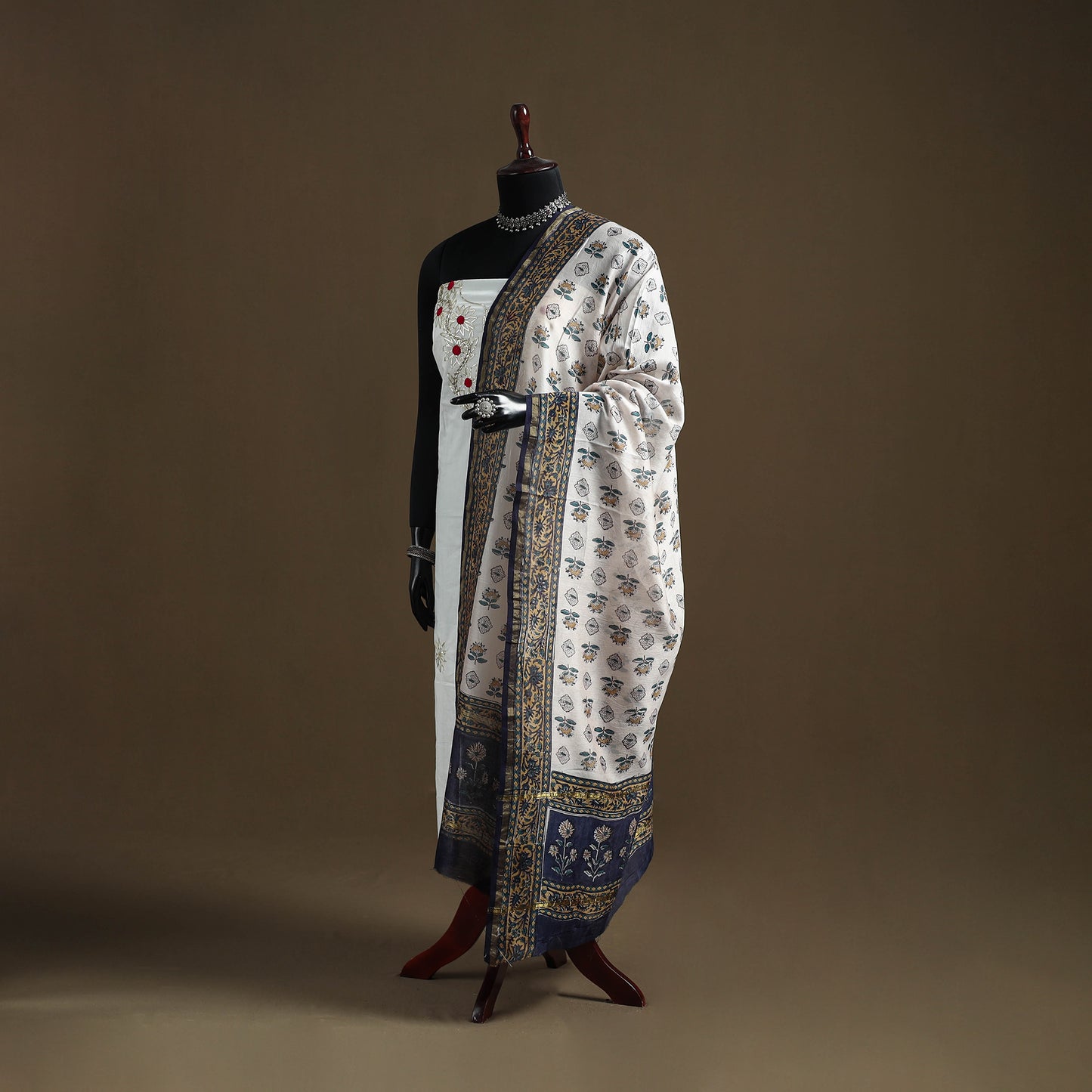 White - Sanganeri Hand Block Print Chanderi Silk Dupatta 74