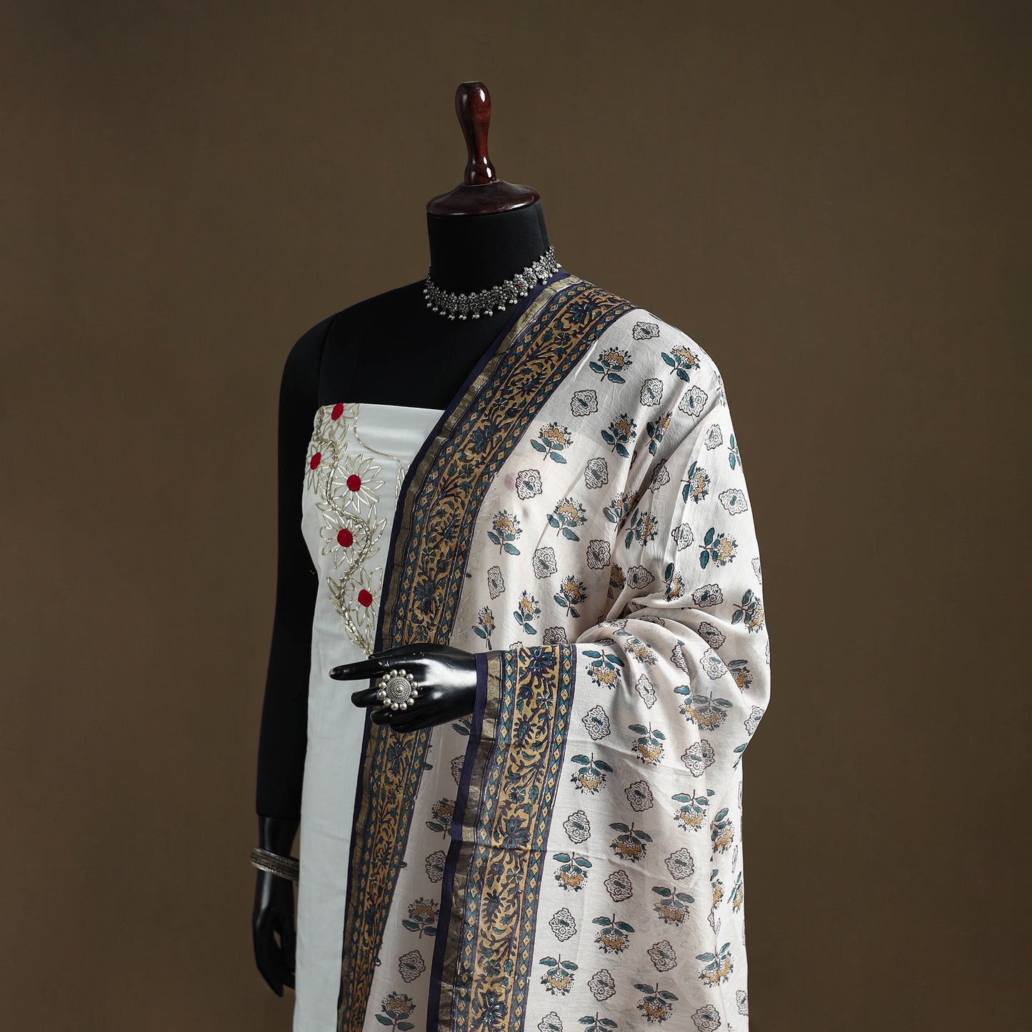 White - Sanganeri Hand Block Print Chanderi Silk Dupatta 74