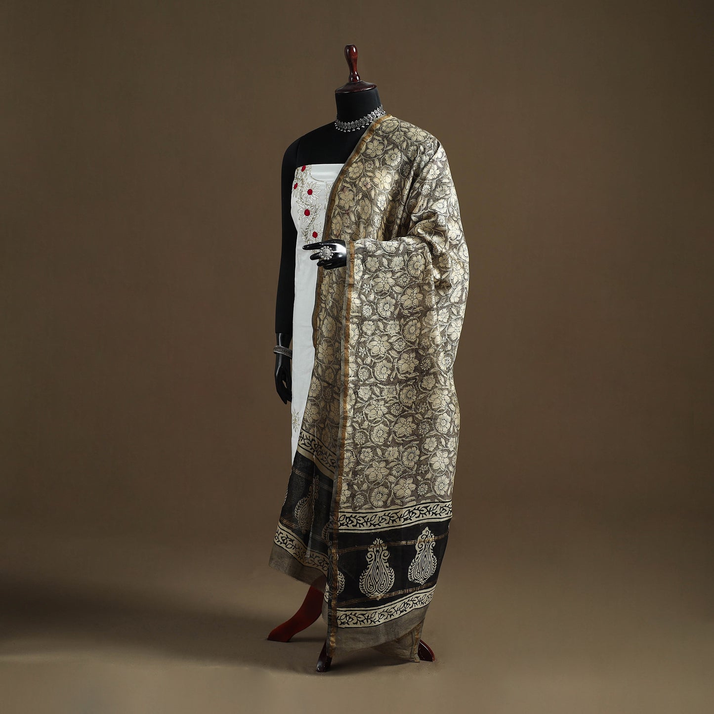 Brown - Sanganeri Hand Block Print Chanderi Silk Dupatta 75