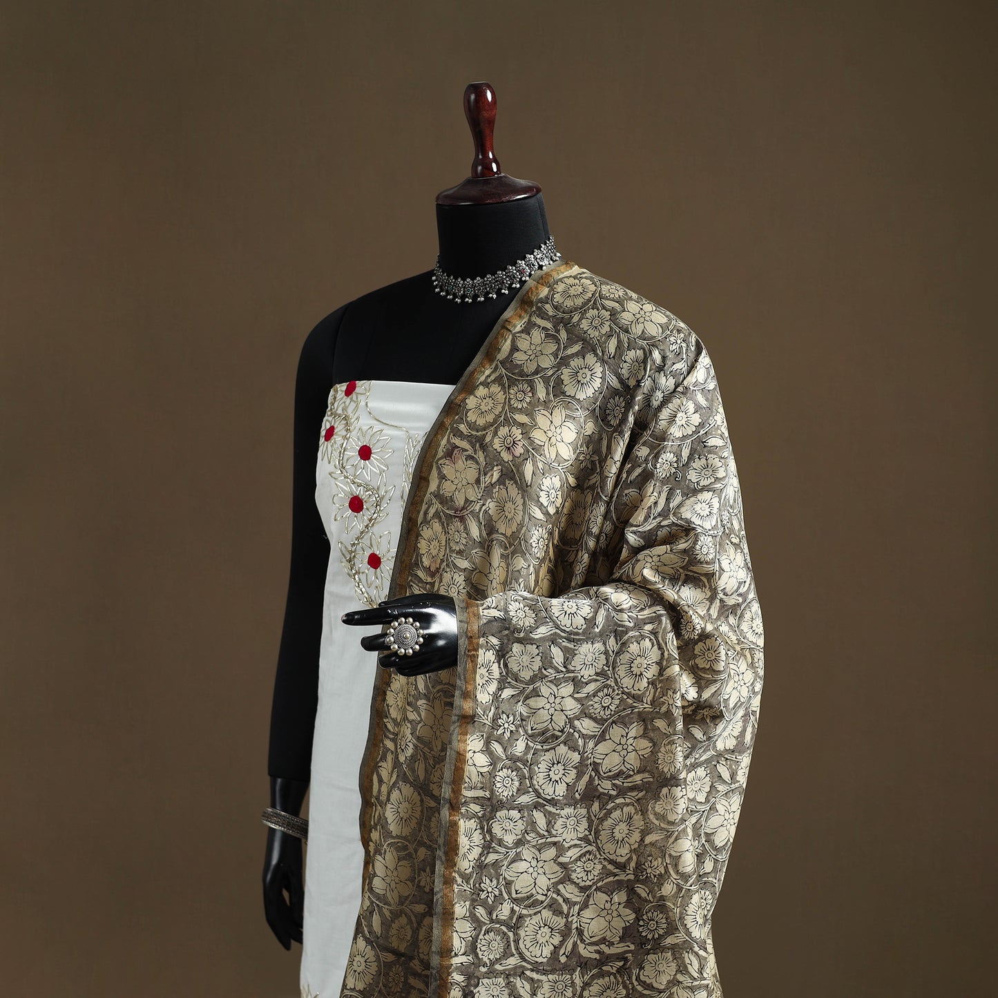 Brown - Sanganeri Hand Block Print Chanderi Silk Dupatta 75