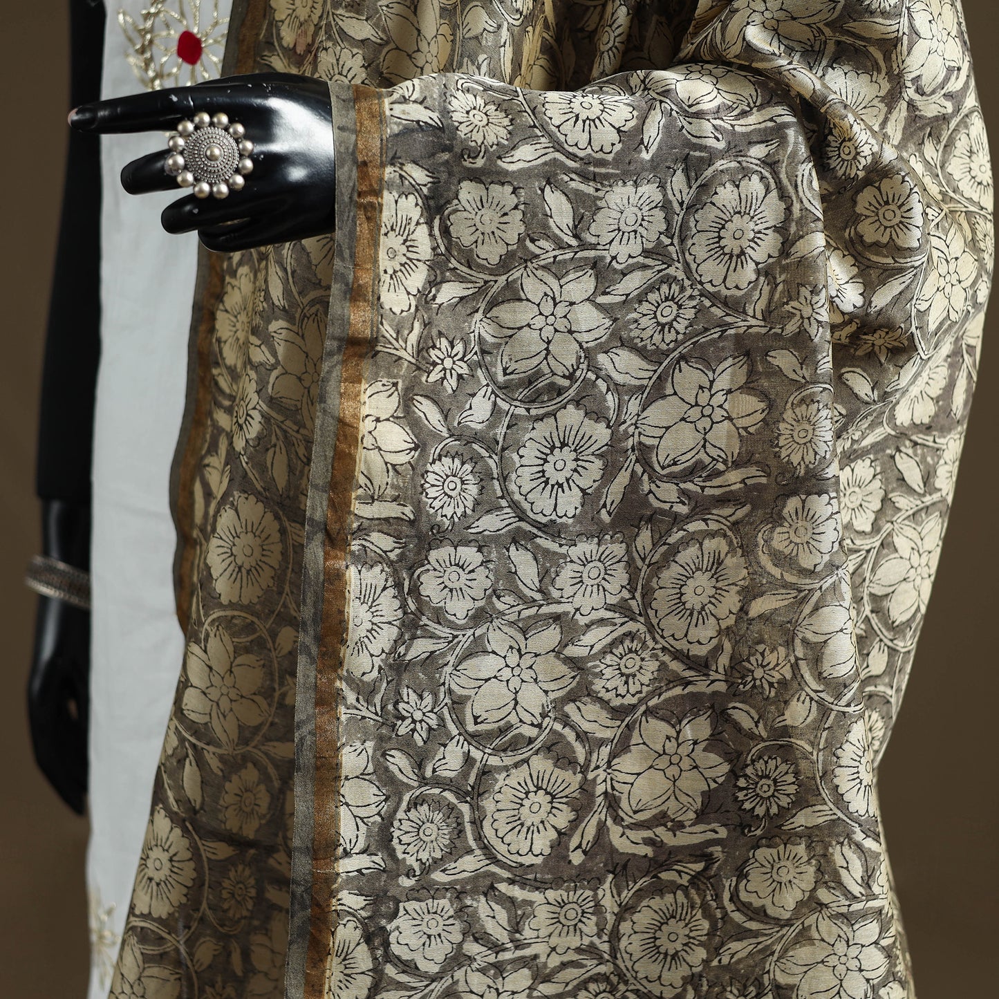 Brown - Sanganeri Hand Block Print Chanderi Silk Dupatta 75