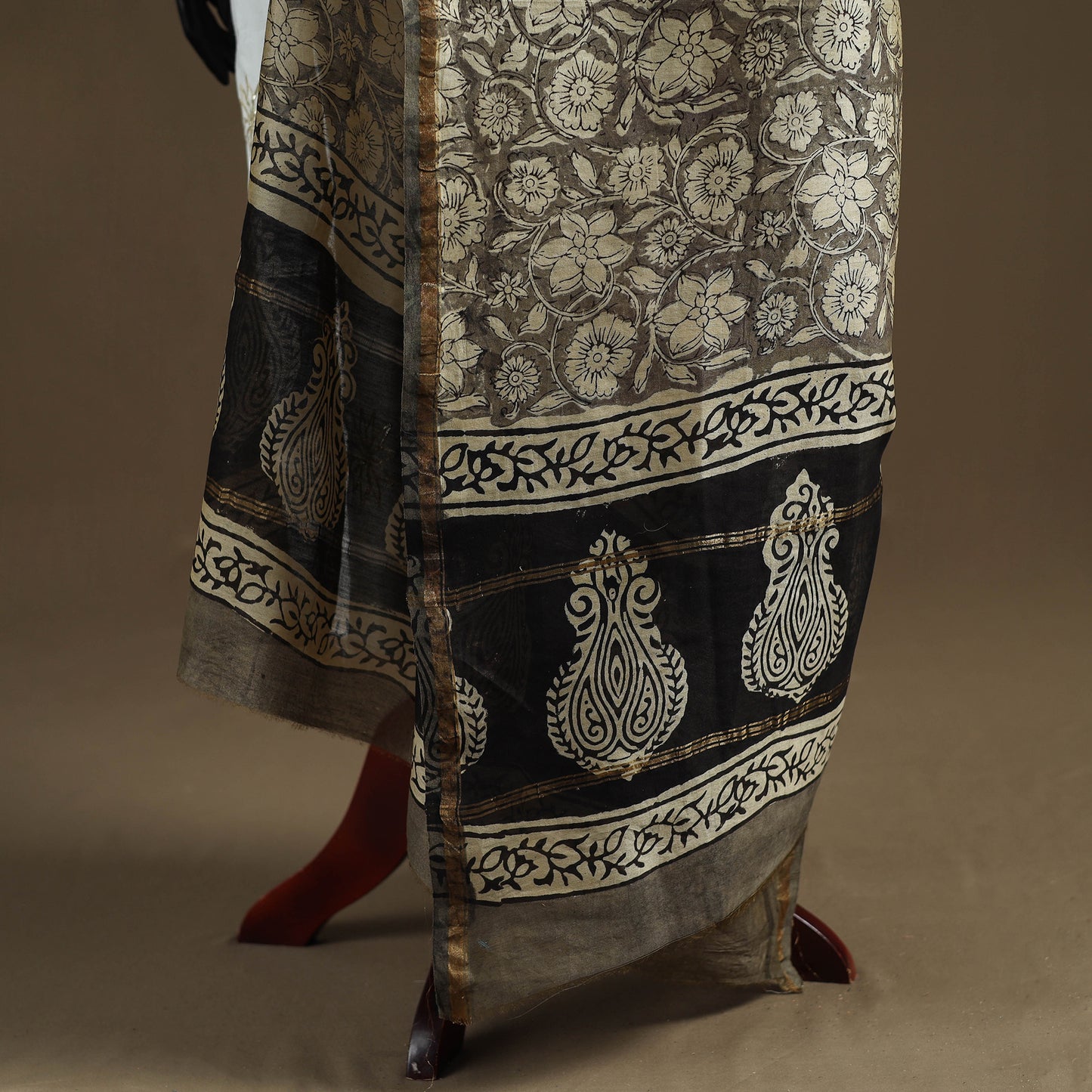Brown - Sanganeri Hand Block Print Chanderi Silk Dupatta 75