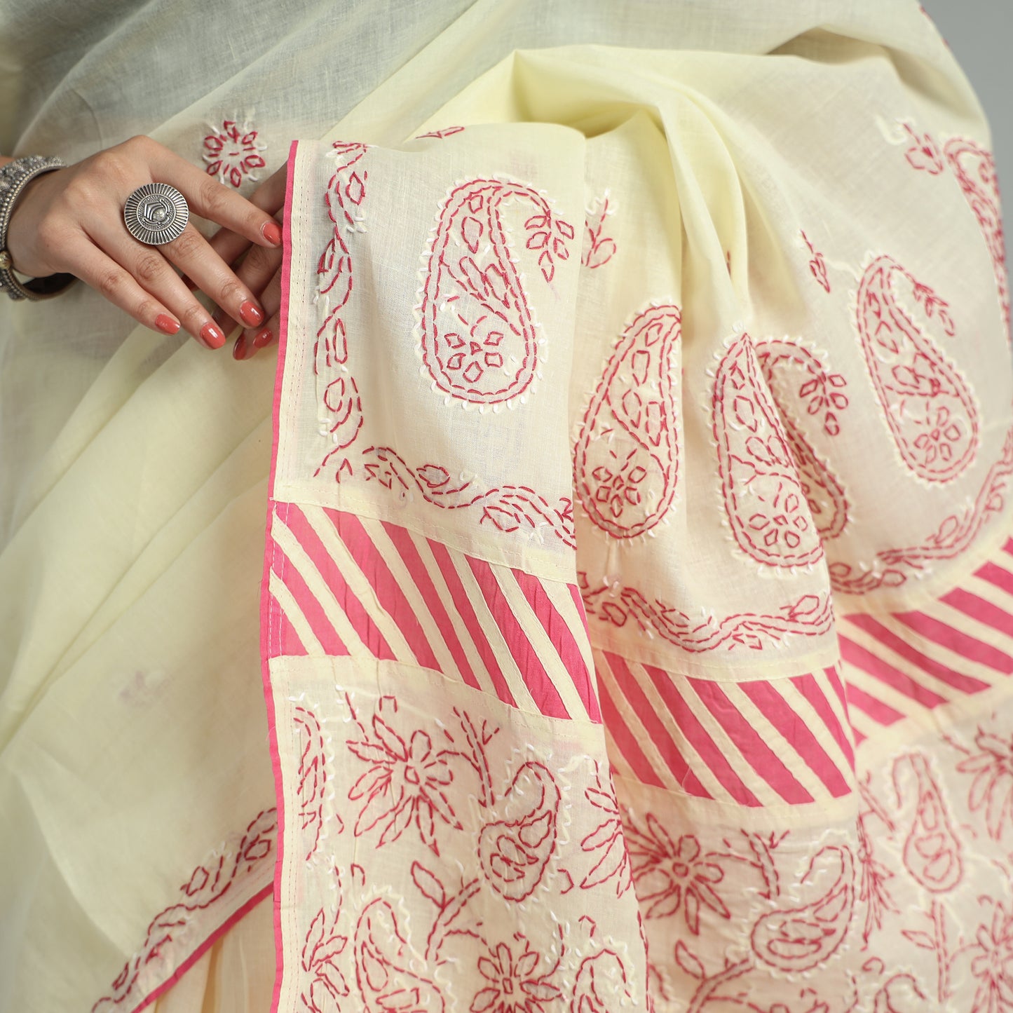 Yellow - Lucknow Chikankari Hand Embroidery Cotton Saree 05