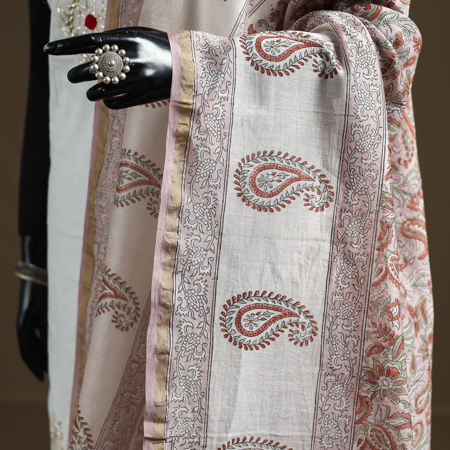 Pink - Sanganeri Hand Block Print Chanderi Silk Dupatta 76