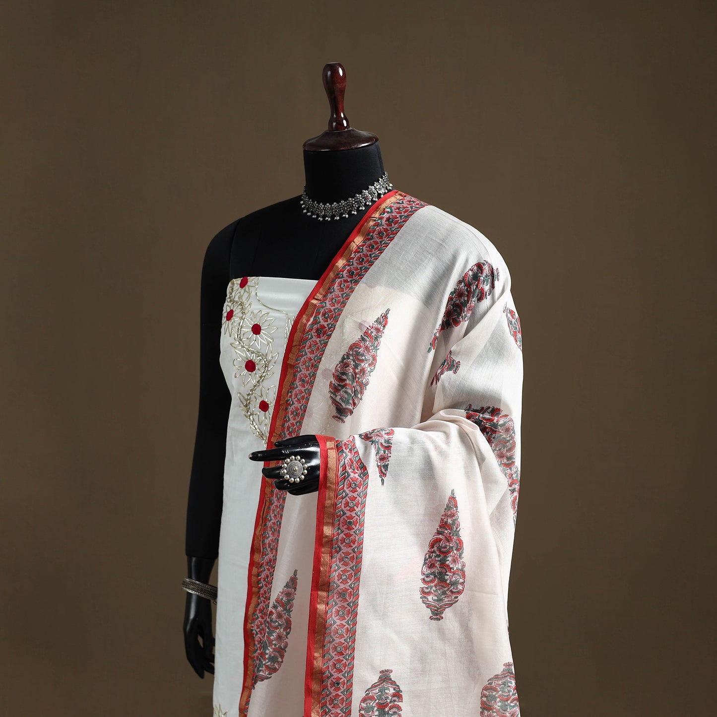 White - Sanganeri Hand Block Print Chanderi Silk Dupatta 79