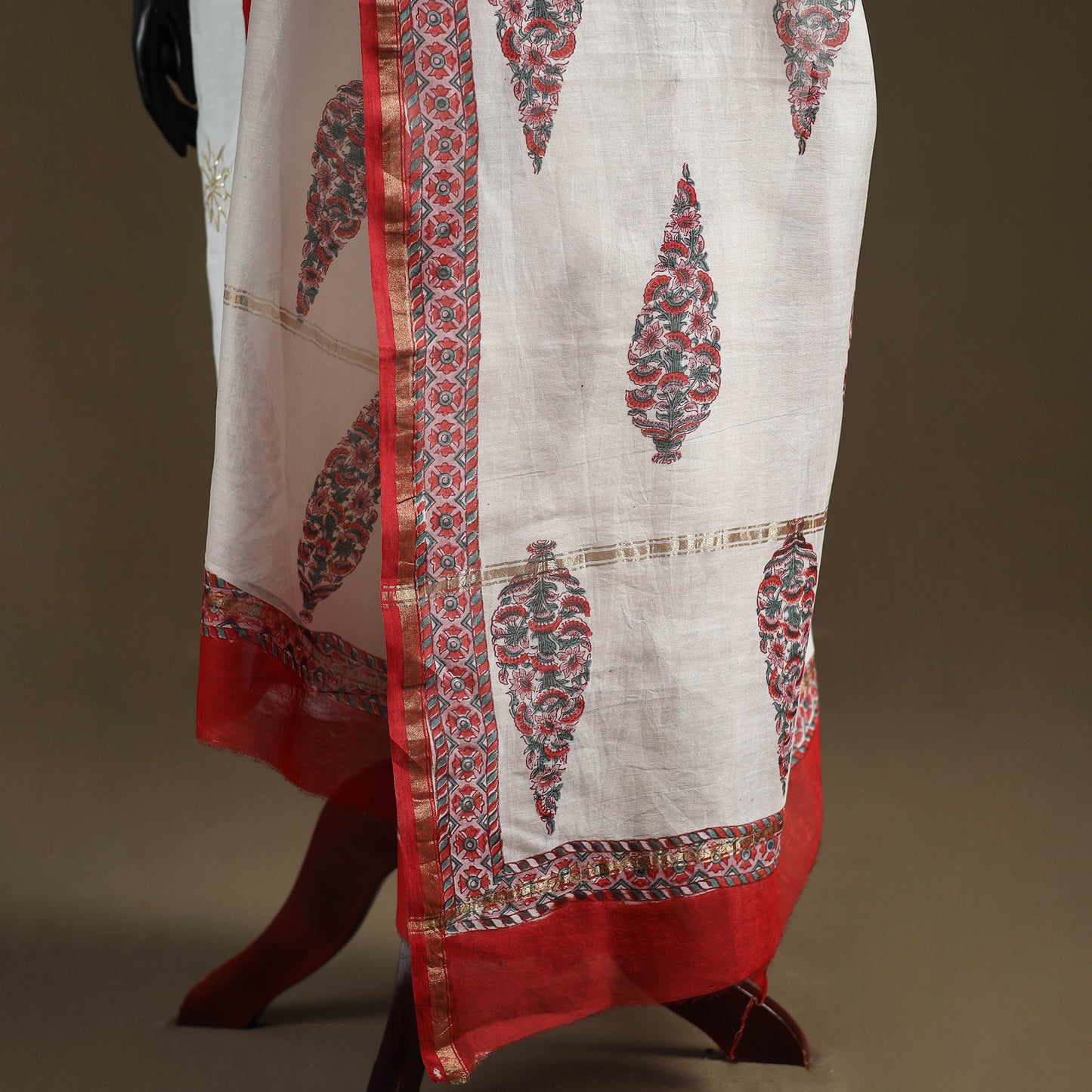 White - Sanganeri Hand Block Print Chanderi Silk Dupatta 79