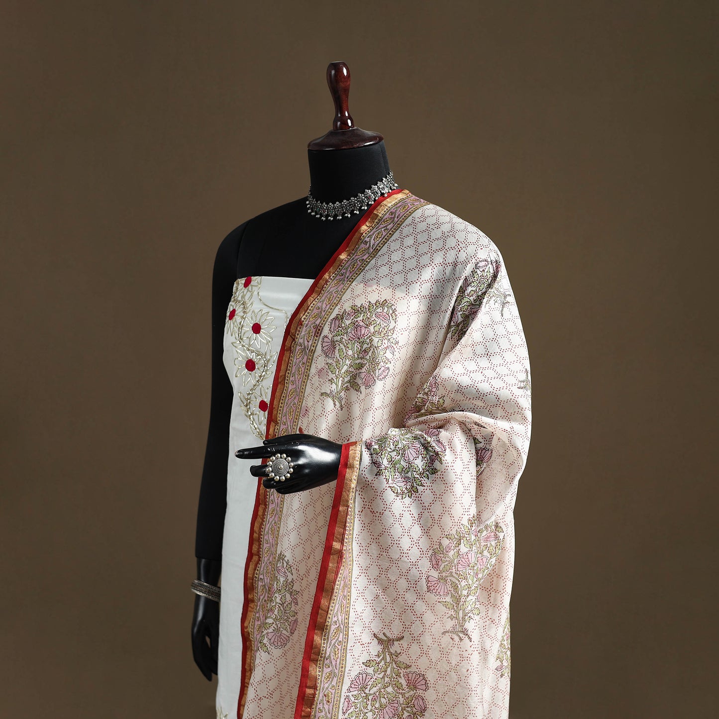 White - Sanganeri Hand Block Print Chanderi Silk Dupatta 78