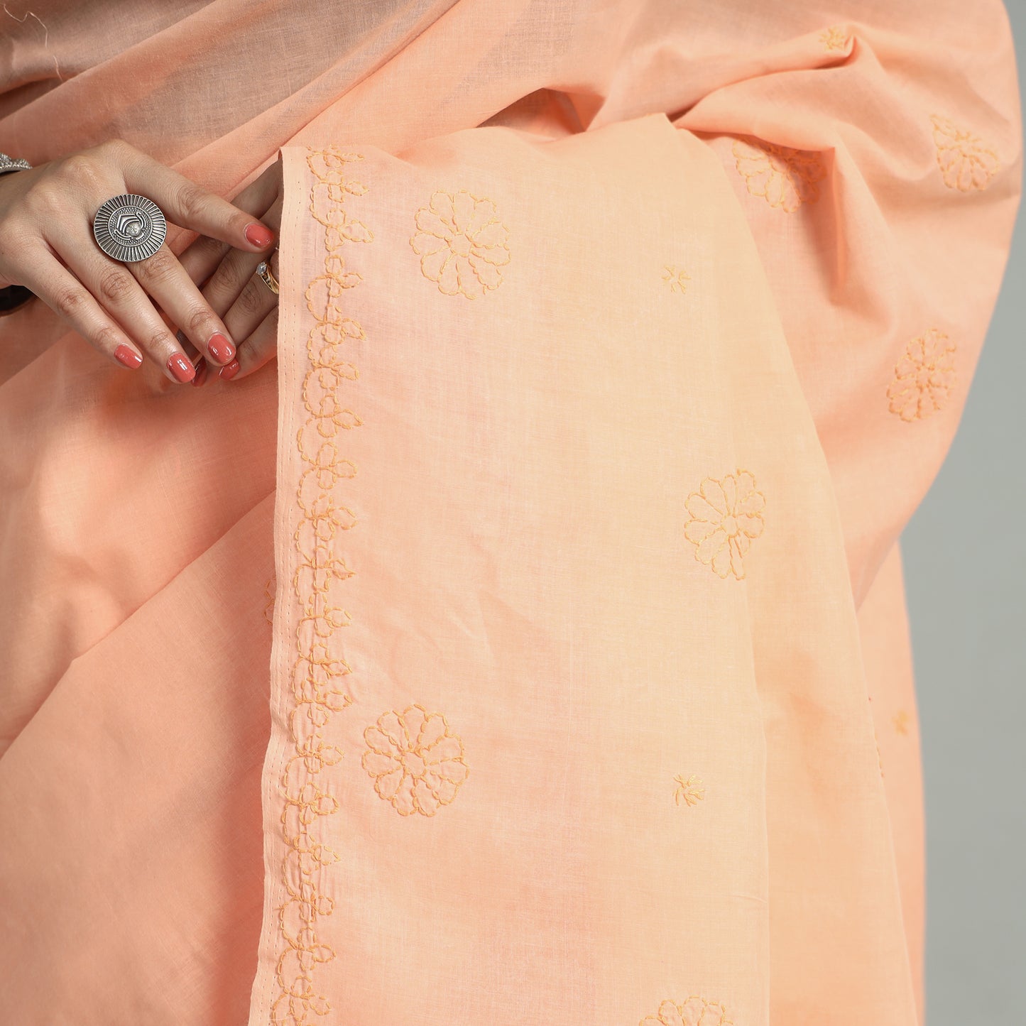 Orange - Lucknow Chikankari Hand Embroidery Terivoile Cotton Saree 07