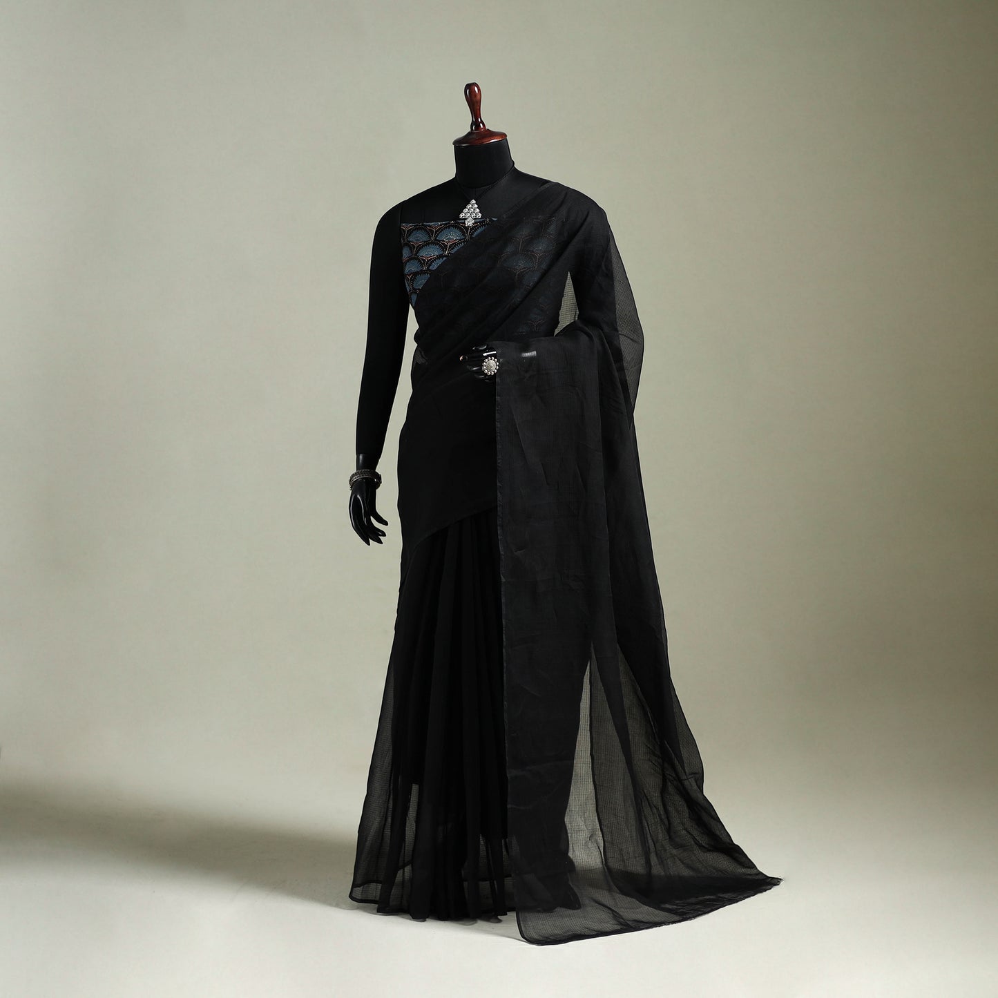 Black - Nazaakat Kota Doria Cotton Plain Saree with Blouse & Jewellery Set 13