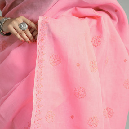 Peach -Lucknow Chikankari Hand Embroidery Terivoile Cotton Saree 08