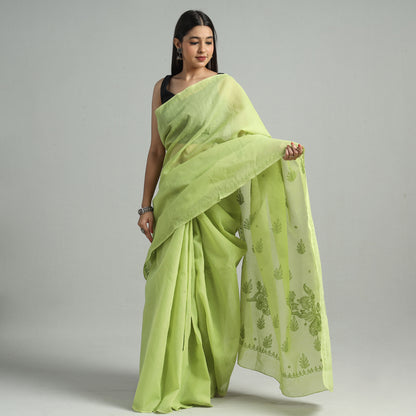 Green - Lucknow Chikankari Hand Embroidery Terivoile Cotton Saree 09
