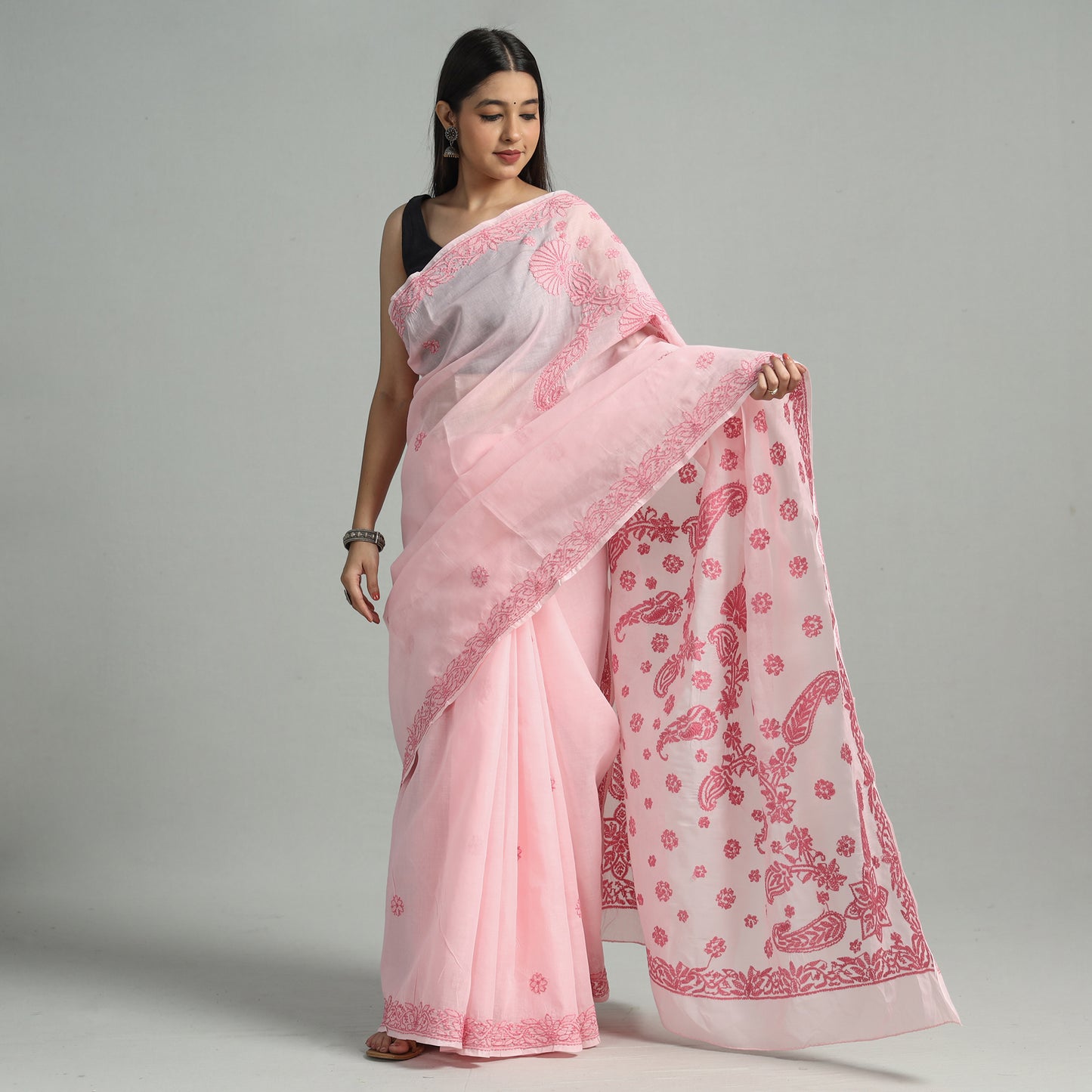 Pink - Lucknow Chikankari Embroidery Terivoile Cotton Saree 10