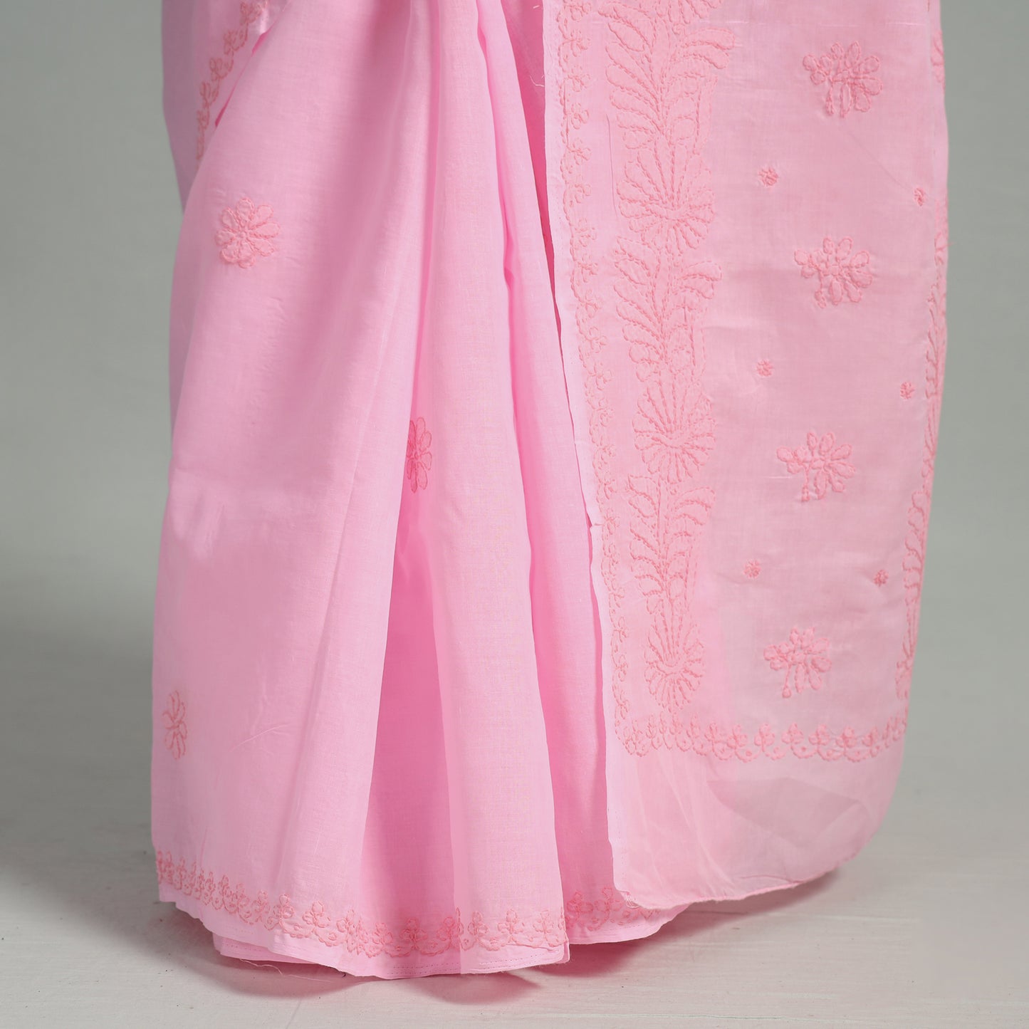 Pink - Lucknow Chikankari Hand Embroidery Terivoile Cotton Saree 12