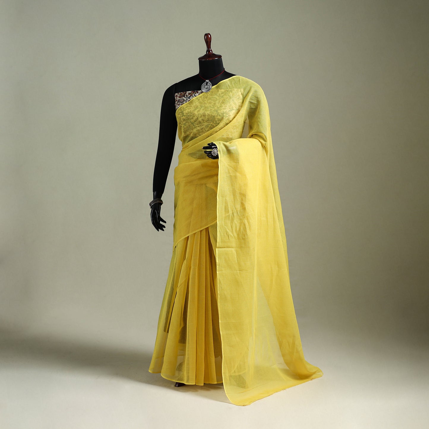 Yellow - Nazaakat Kota Doria Cotton Plain Saree with Blouse & Jewellery Set 17
