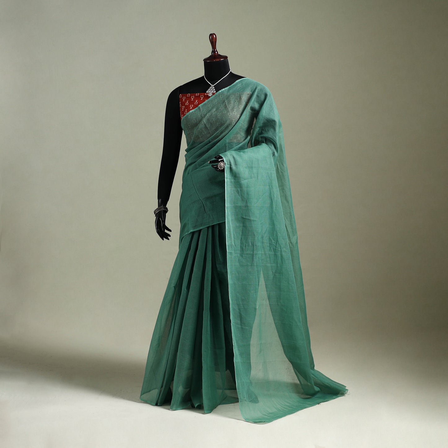 Green - Nazaakat Kota Doria Cotton Plain Saree with Blouse & Jewellery Set 22