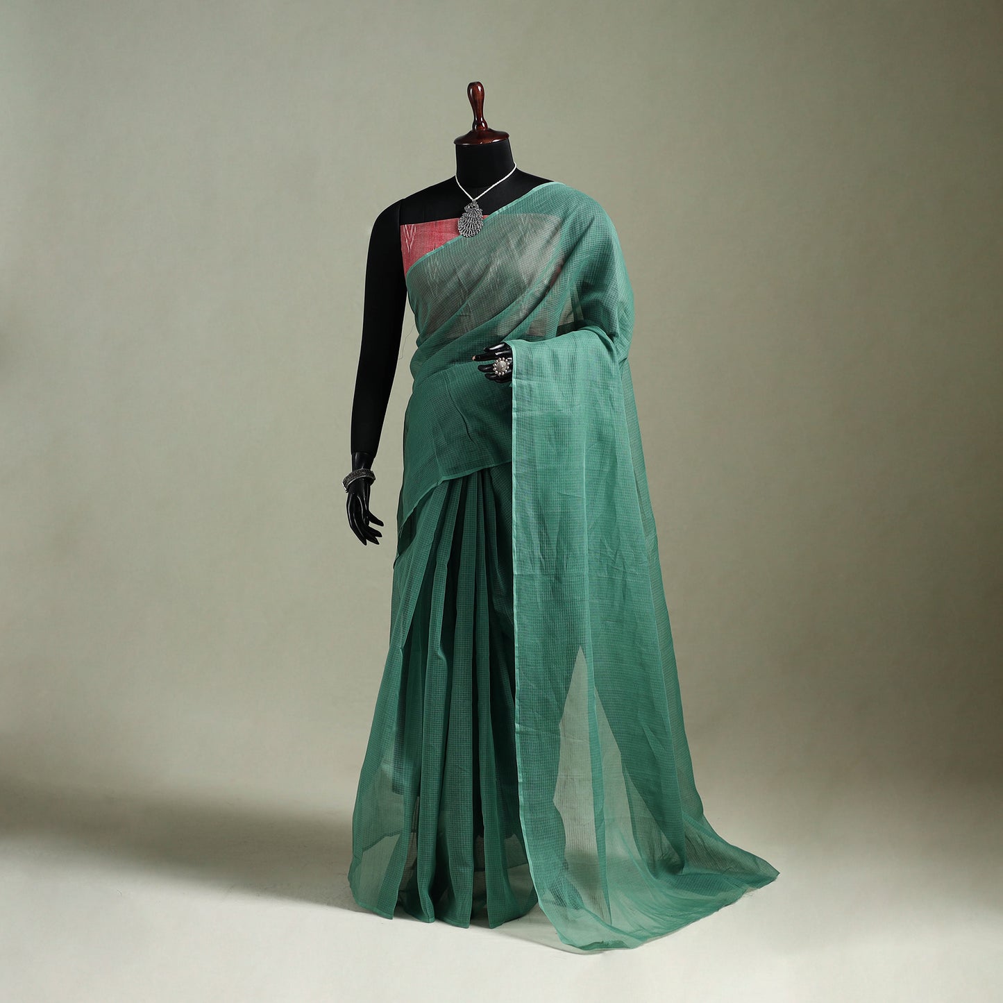 Green - Nazaakat Kota Doria Cotton Plain Saree with Blouse & Jewellery Set 23