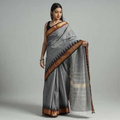 Grey - Traditional Kanchipuram Cotton Saree with Zari Border 27
