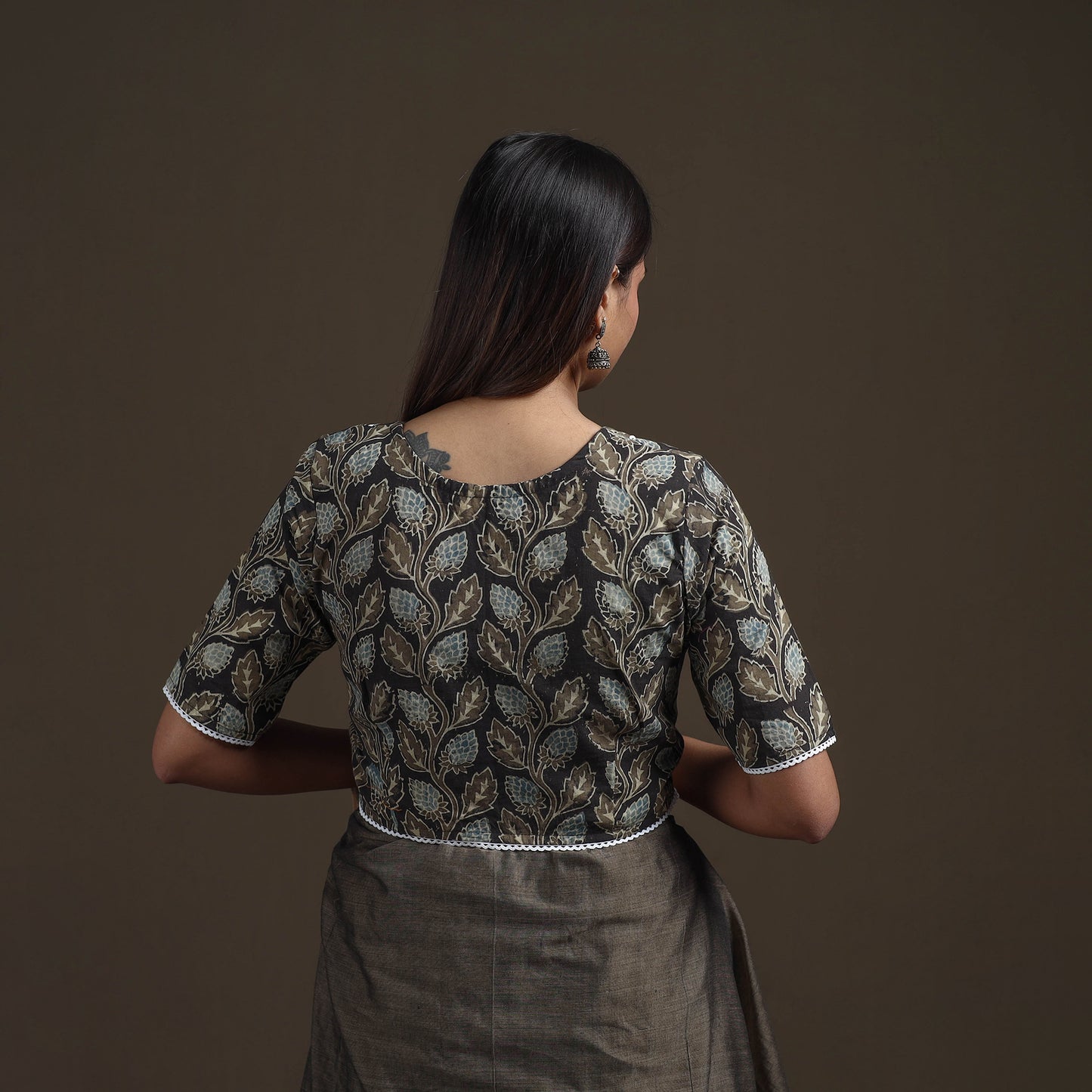Ajrakh Hand Block Print Natural Dyed Cotton Readymade Blouse with Lace Work 04