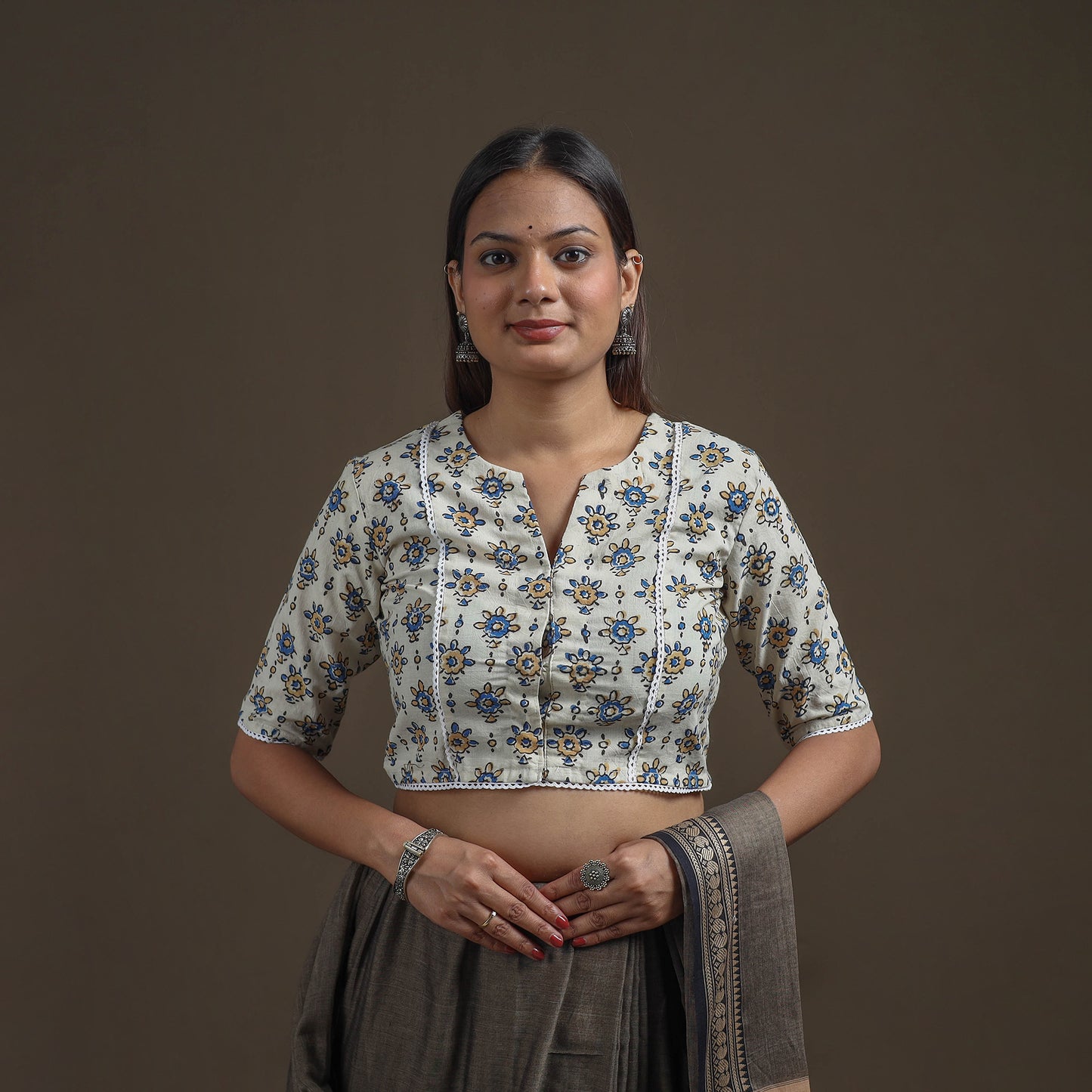 Ajrakh Hand Block Print Natural Dyed Cotton Readymade Blouse with Lace Work 01
