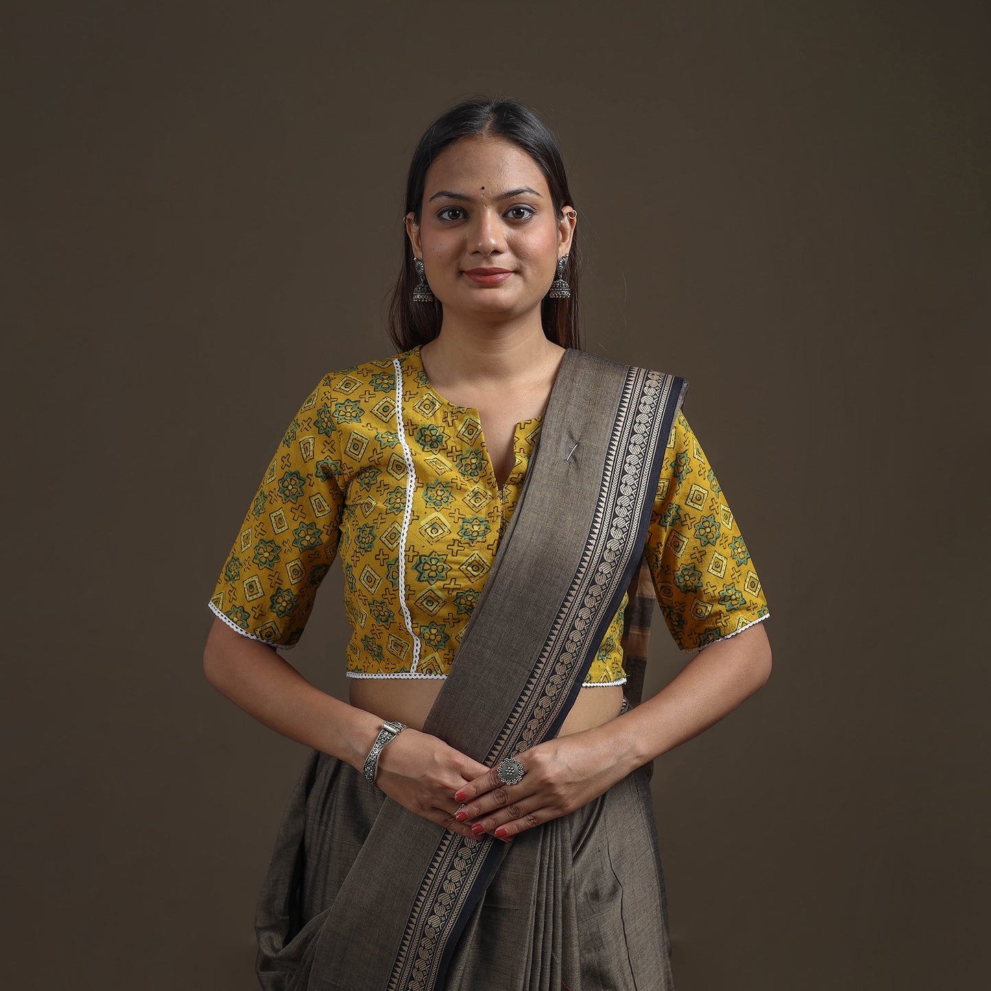 Ajrakh Hand Block Print Natural Dyed Cotton Readymade Blouse with Lace Work 03