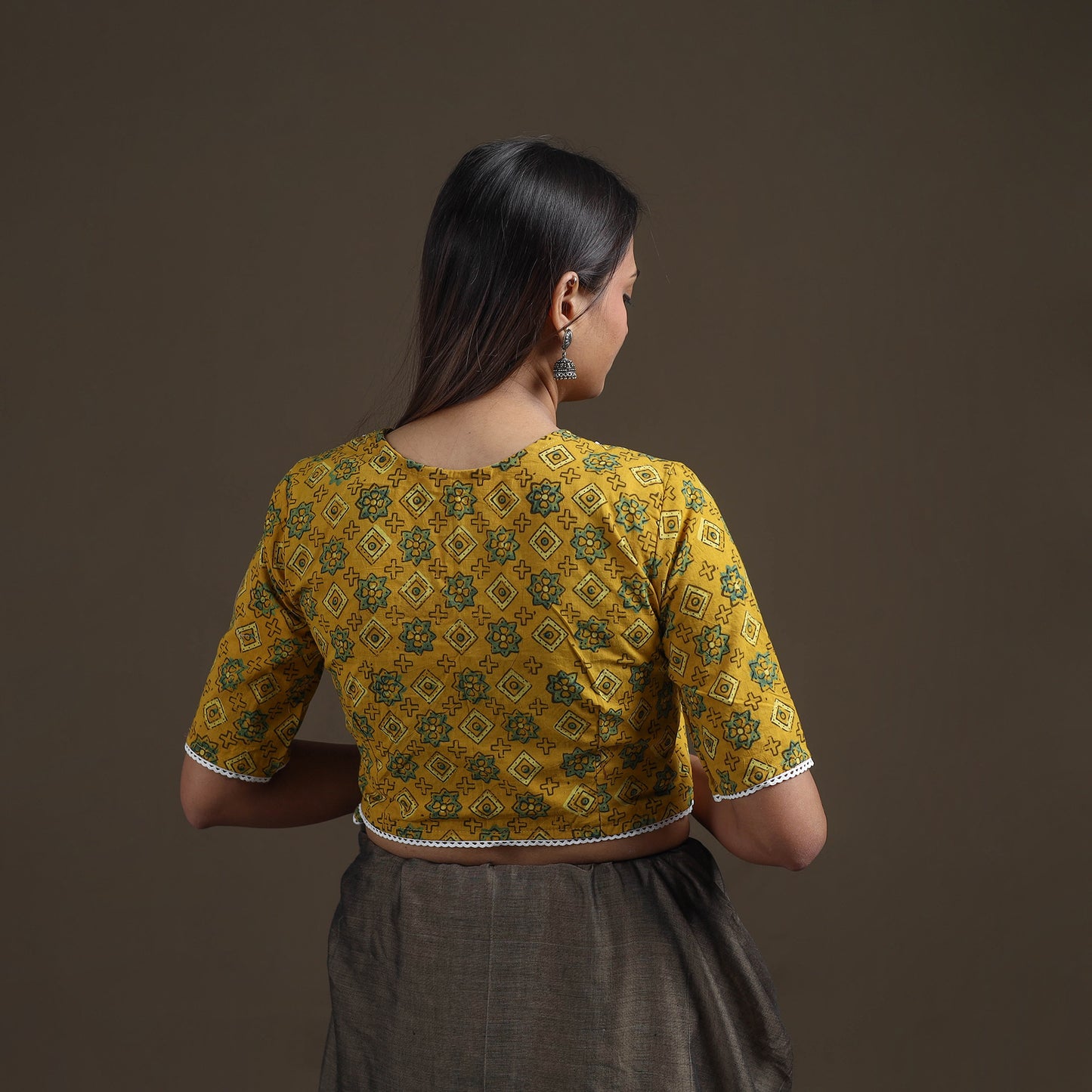 Ajrakh Hand Block Print Natural Dyed Cotton Readymade Blouse with Lace Work 03