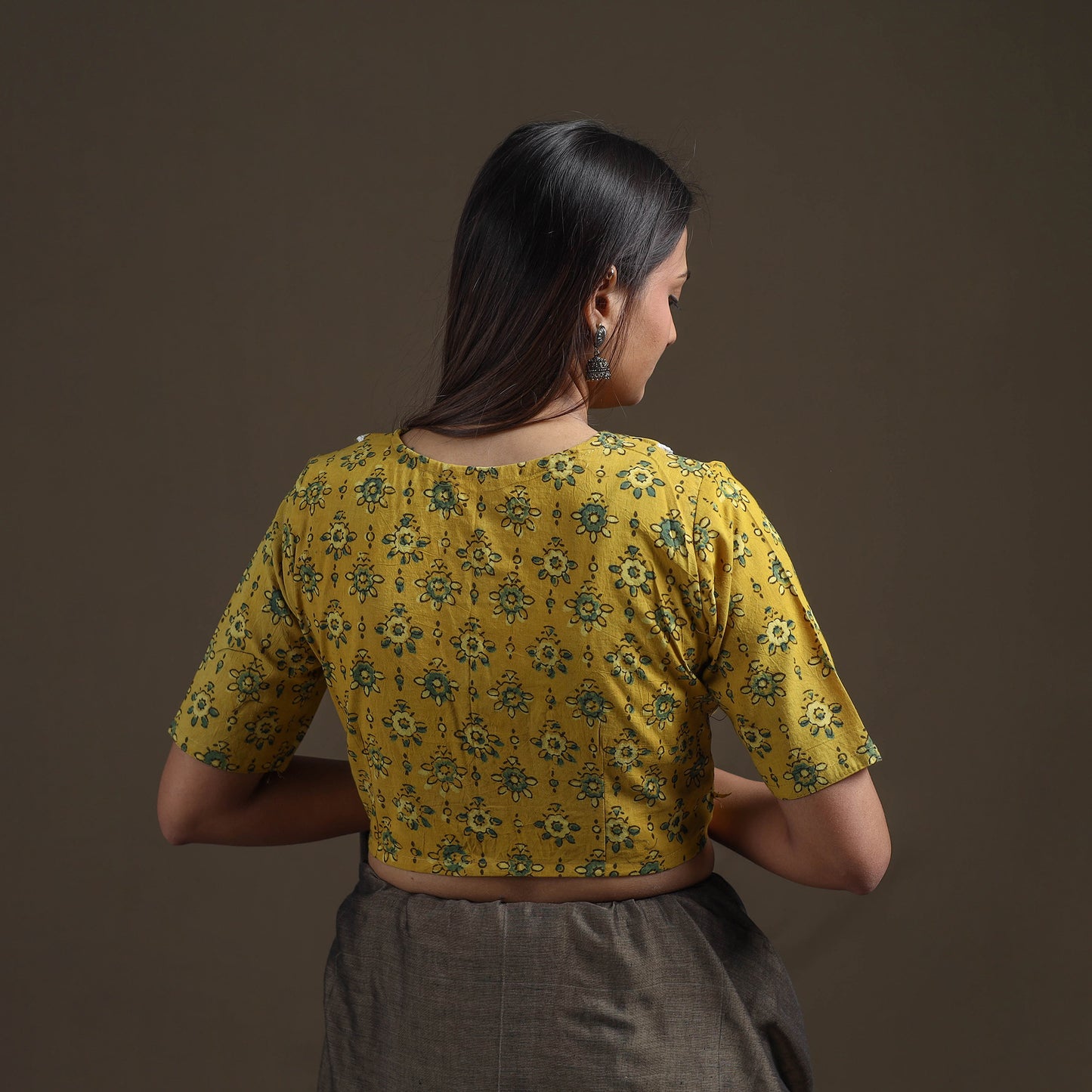 Ajrakh Hand Block Print Natural Dyed Cotton Readymade Blouse with Lace Work 08