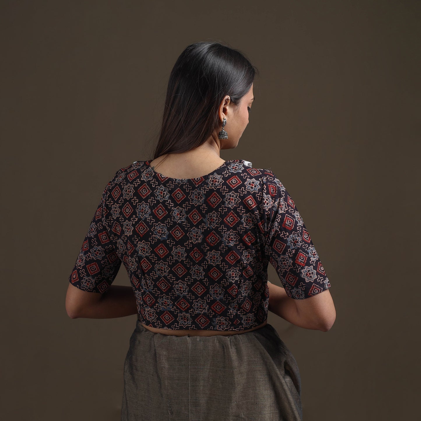 Ajrakh Hand Block Print Natural Dyed Cotton Readymade Blouse with Lace Work 07