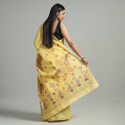 Yellow - Lucknow Chikankari Embroidery Patti Kaam Terivoile Cotton Saree 54