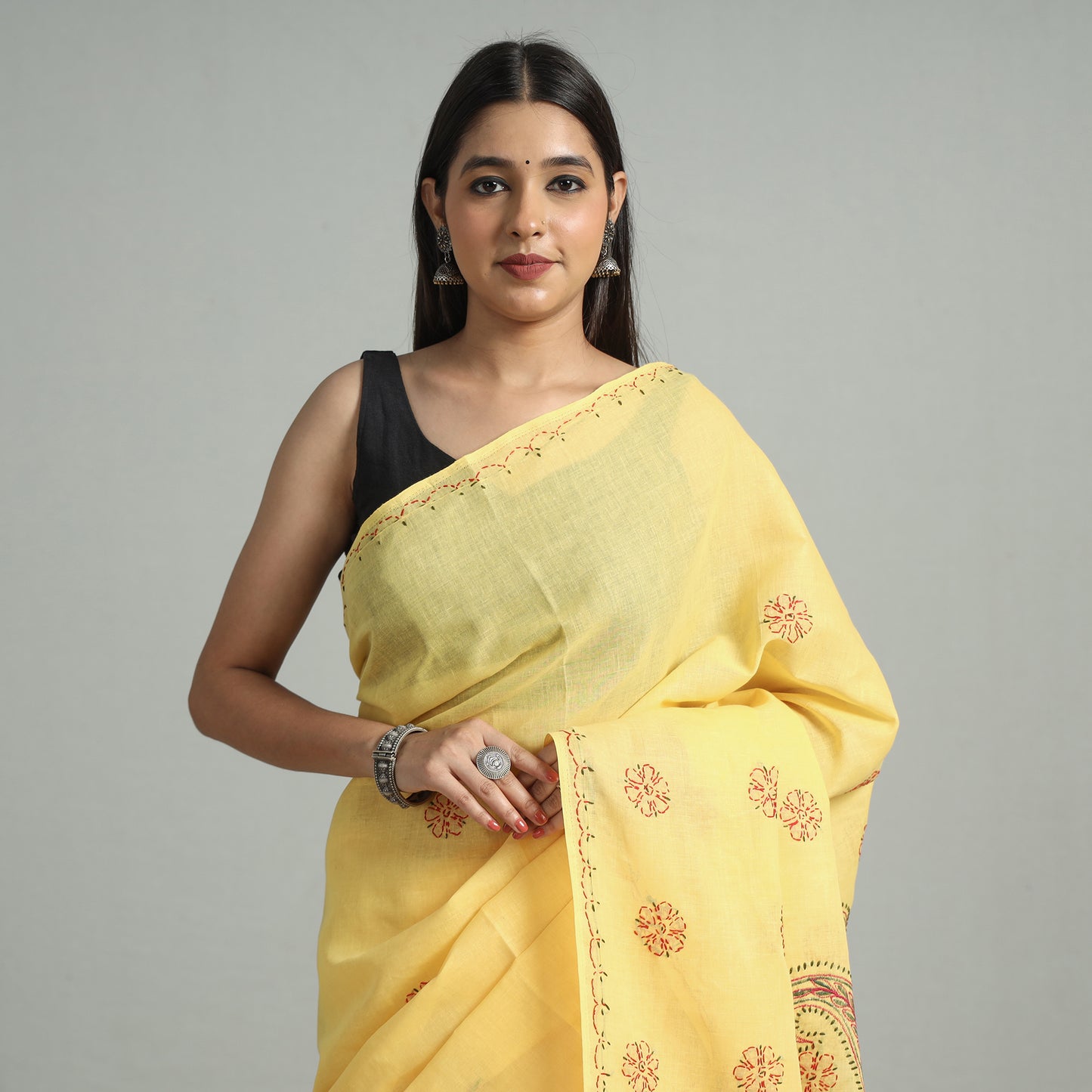 Yellow - Lucknow Chikankari Embroidery Patti Kaam Terivoile Cotton Saree 54