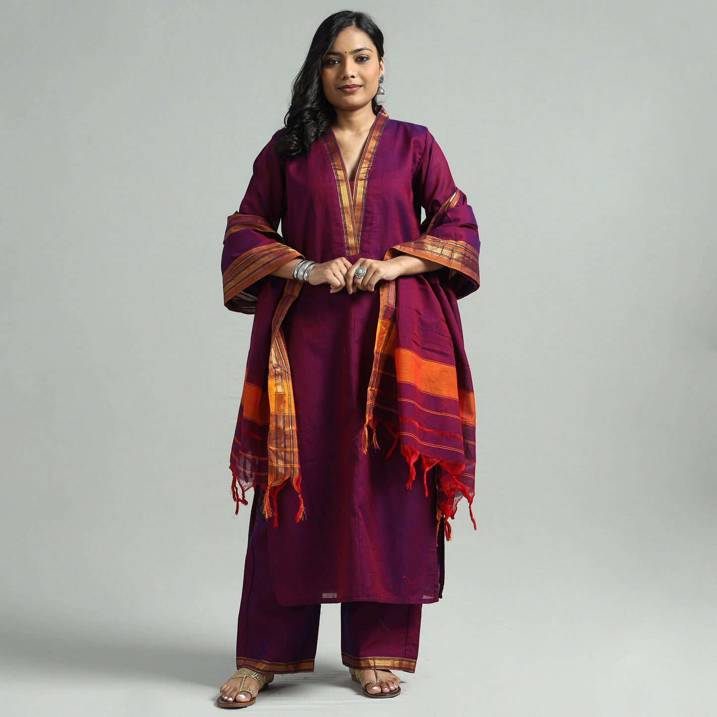Dark Pink - Dharwad Cotton Kurta with Palazzo & Dupatta Set
